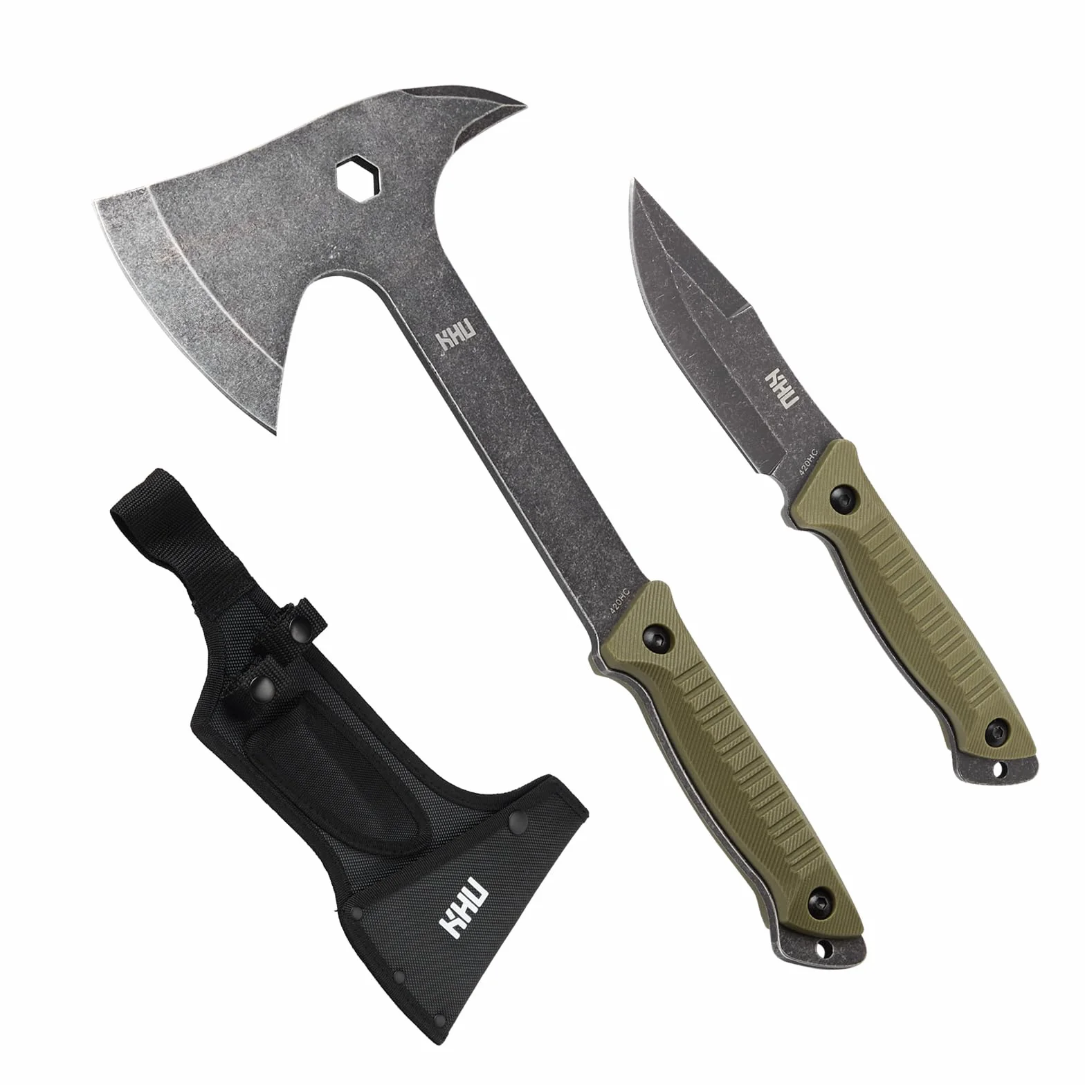 KHU 420HC Acero Cuchillo de Caza Hacha Supervivencia Hoja Fija con Funda Camping Bushcraft 07A