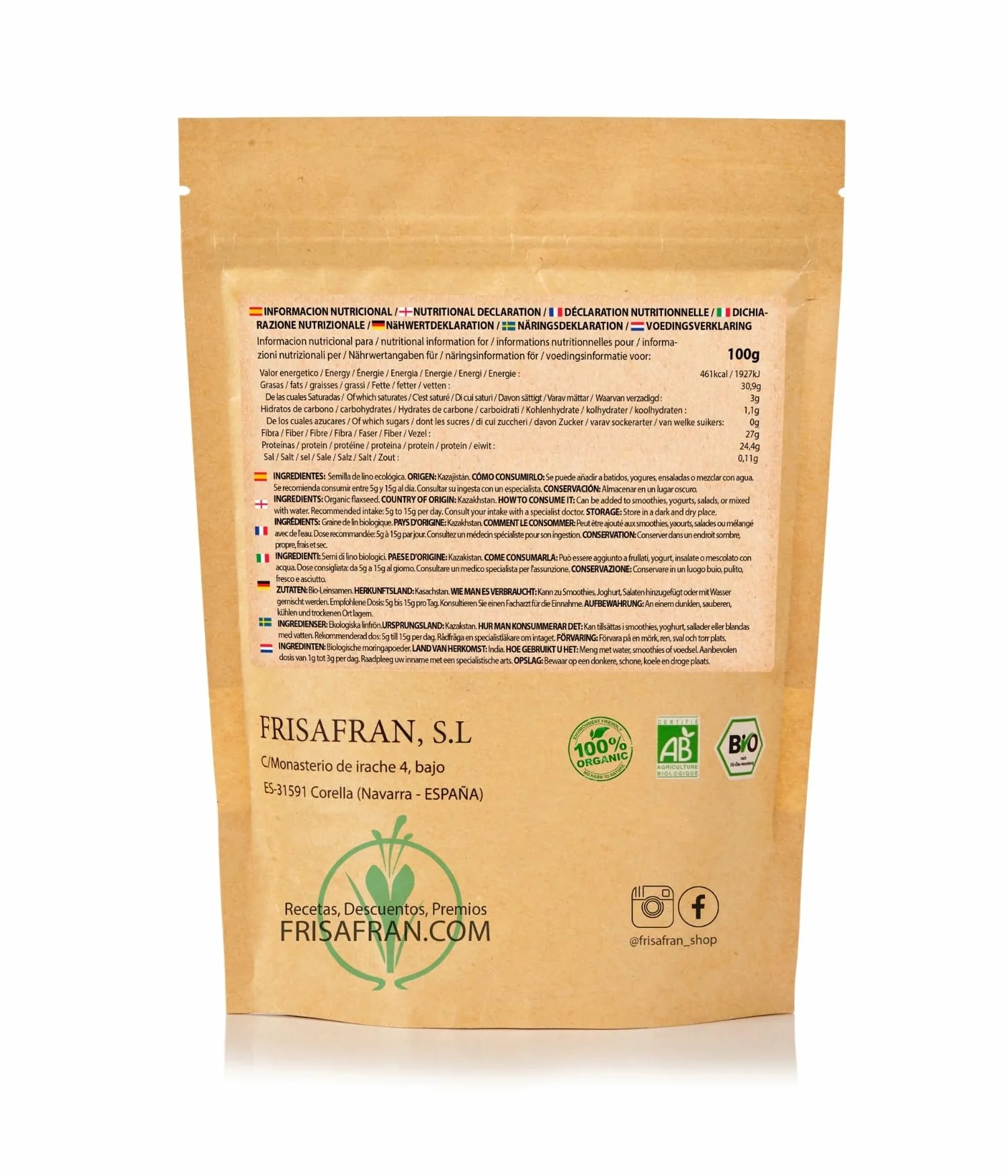 FRISAFRAN | Semilla de Lino Dorado Molida Ecológico 200g | Superalimento Organico | lino dorado | Semillas de lino marrón | Ácidos grasos | Fuente Natural de Fibra | Omega 3 | 100% Vegano | Sin Gluten