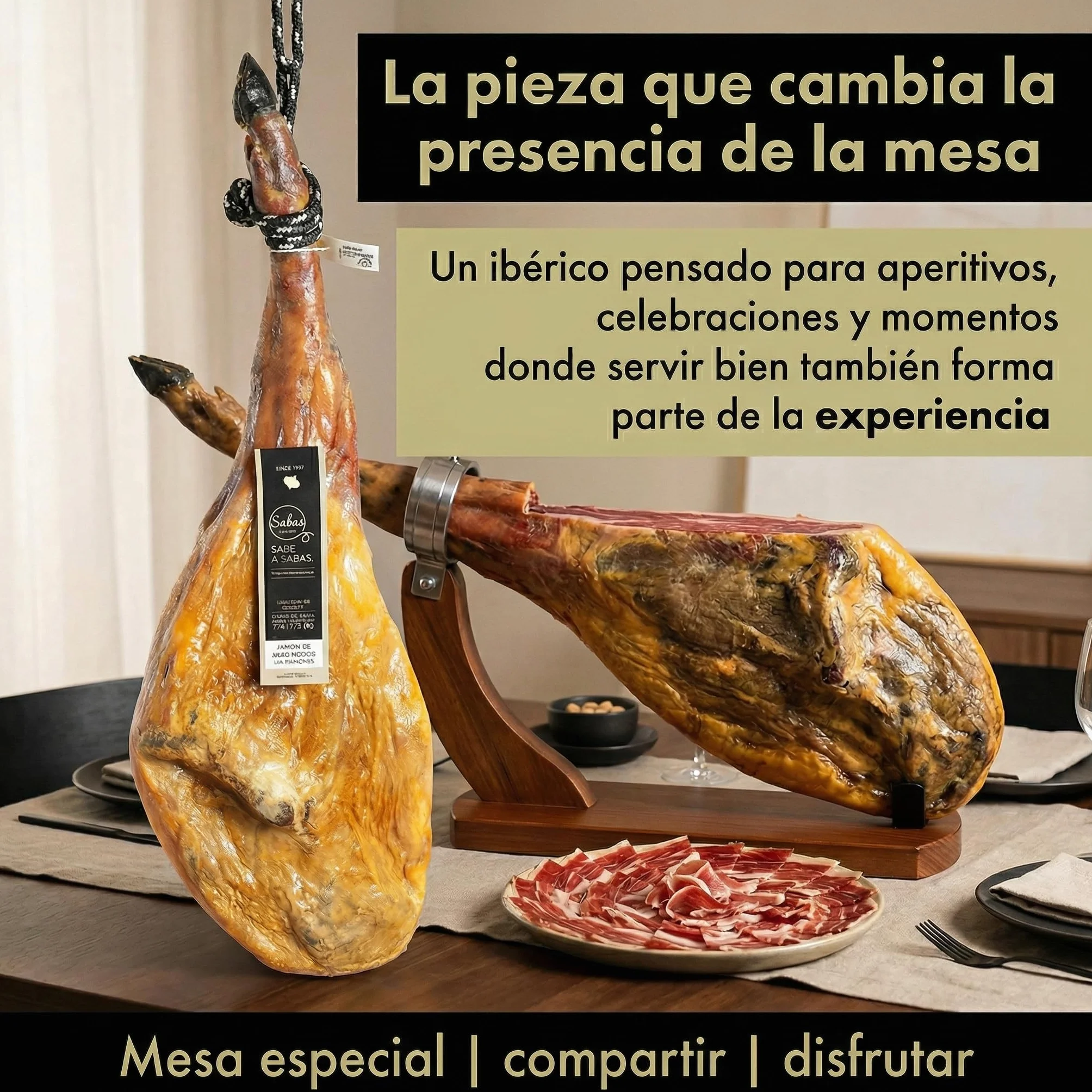 SABE A SABAS Jamon Iberico de Cebo 50% Raza Iberica Pieza Entera 8-9 kg Curacion Bodega Natural Mas de 30 Meses Sin Gluten Jugoso Gourmet Regalo Celebracion Aperitivo Navidad Tabla