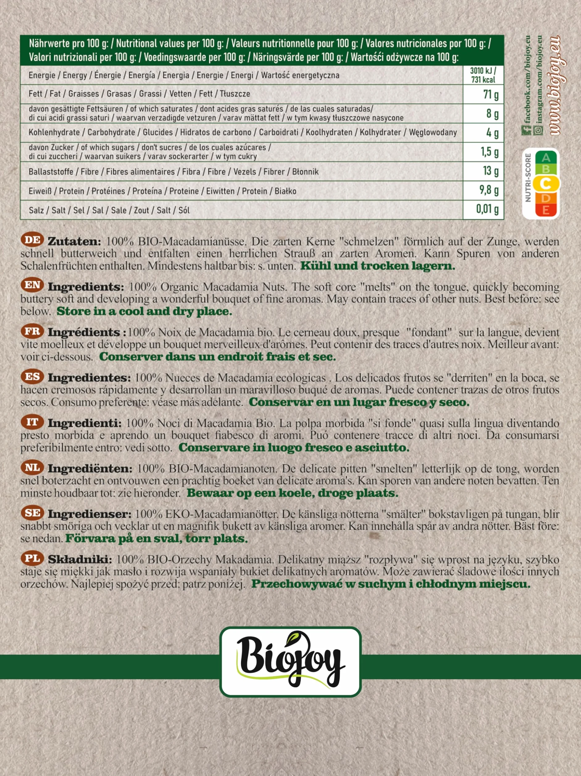 Biojoy Nueces de Macadamia Ecológicas 1 kg, crudas y enteras, sin sal