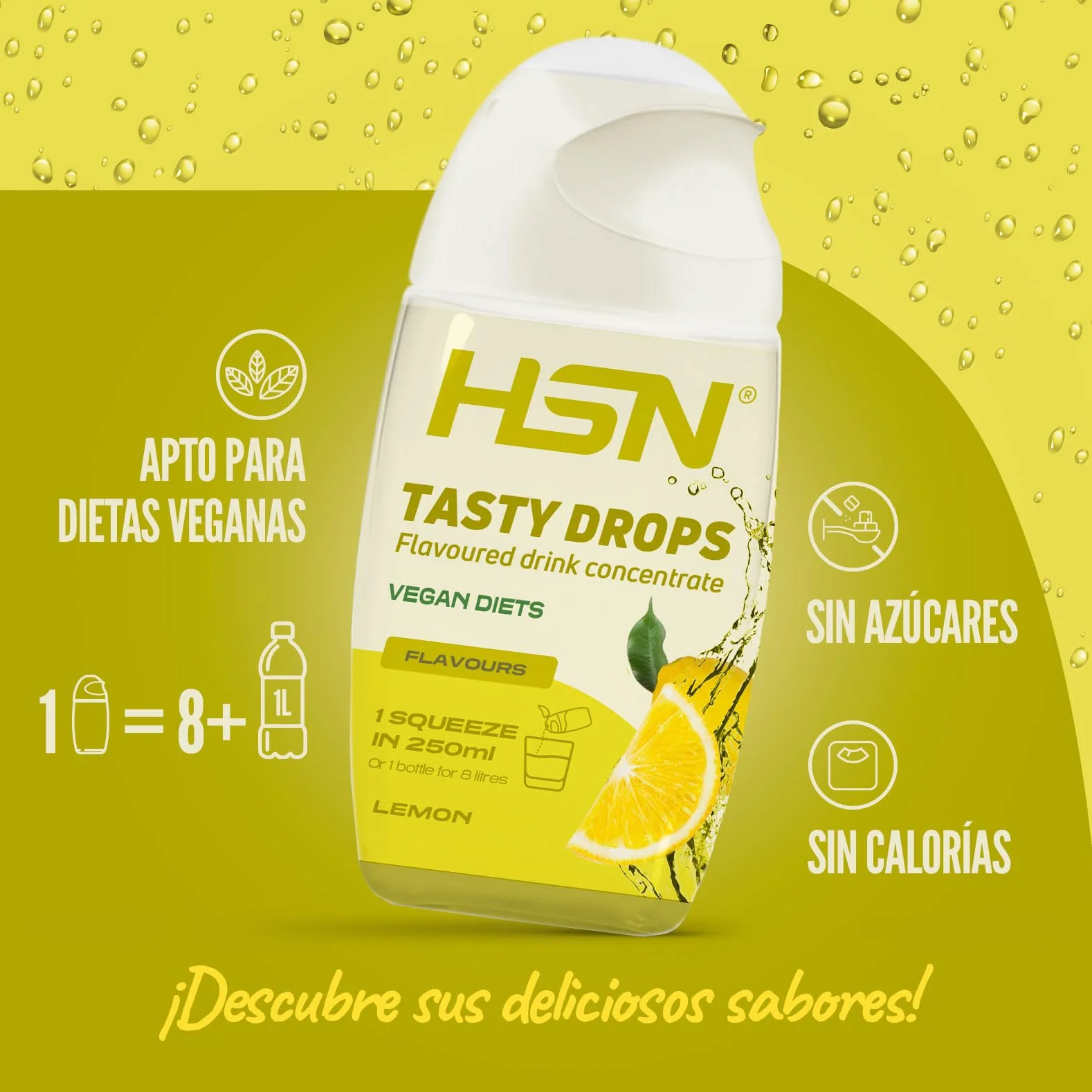 HSN Tasty Drops Saborizante Líquido Sin Calorías para Agua | Sabor Limón - 65ml (hasta 8 litros) | Gotas Saborizantes Sin Azúcar | Potenciador de Bebidas | Apto Vegano, Sin Gluten