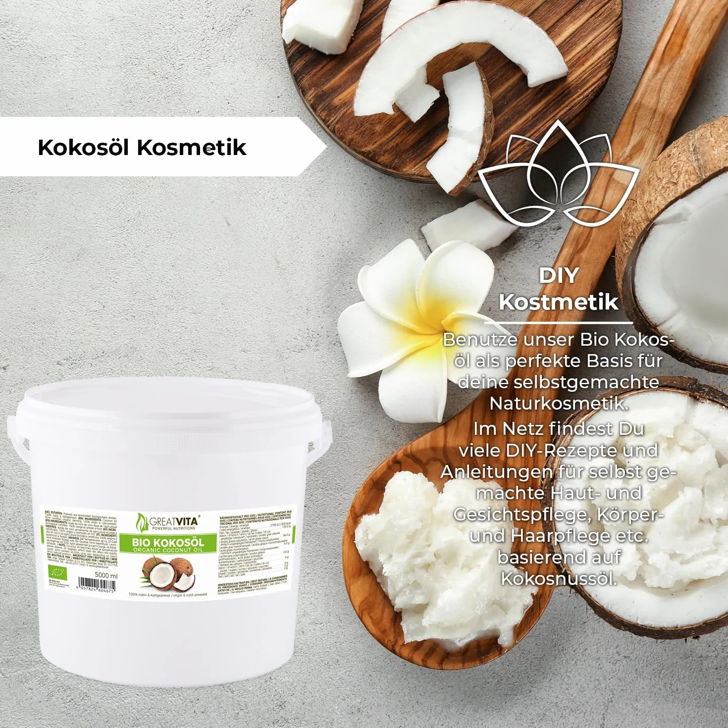 GREAT VITA - Aceite De Coco Orgánico, Nativo, 1 Paquete (1 X 5L) En Un Cubo 5000 ml