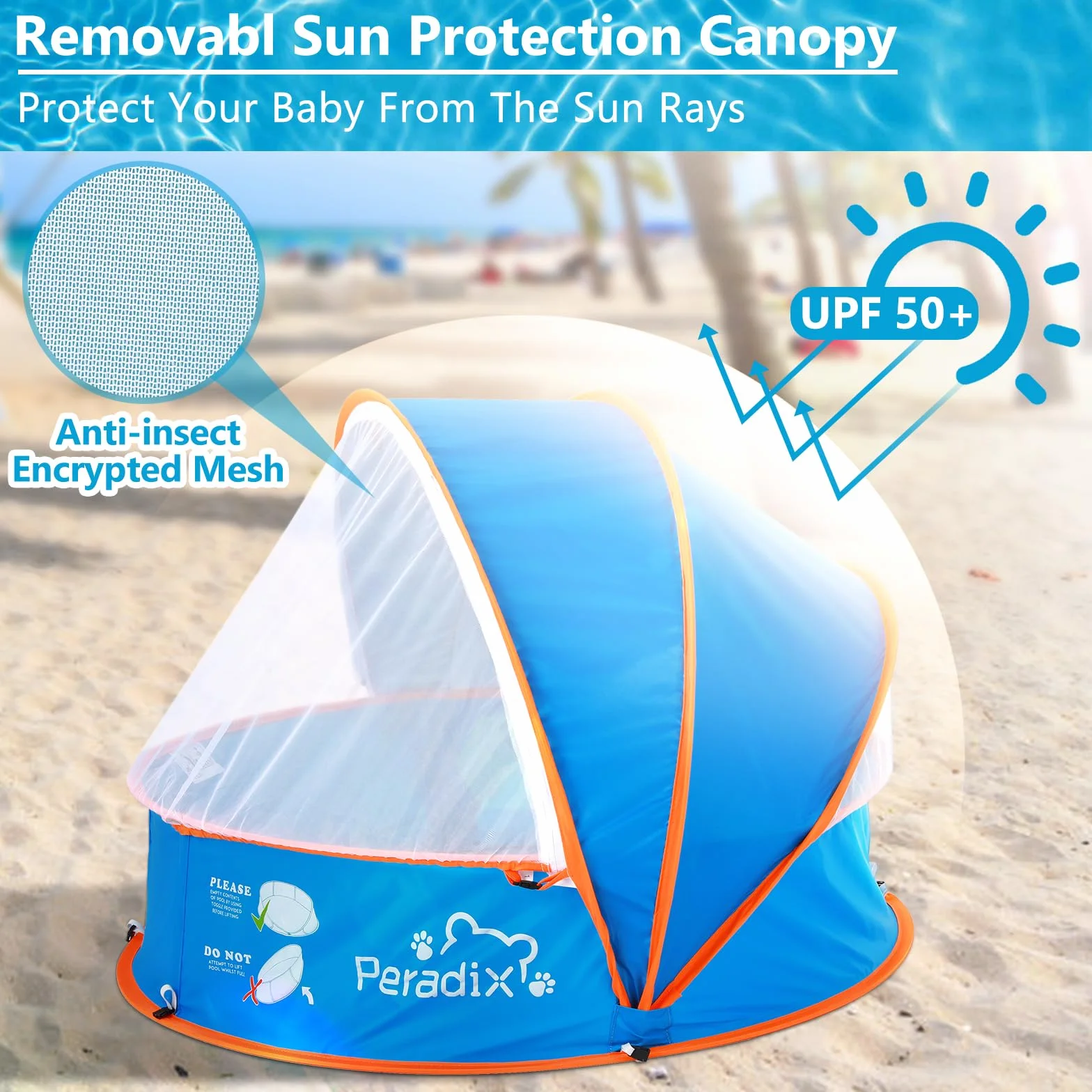 Peradix Splash Pool 4 en 1 con toldo UV y mosquitera portátil para niños