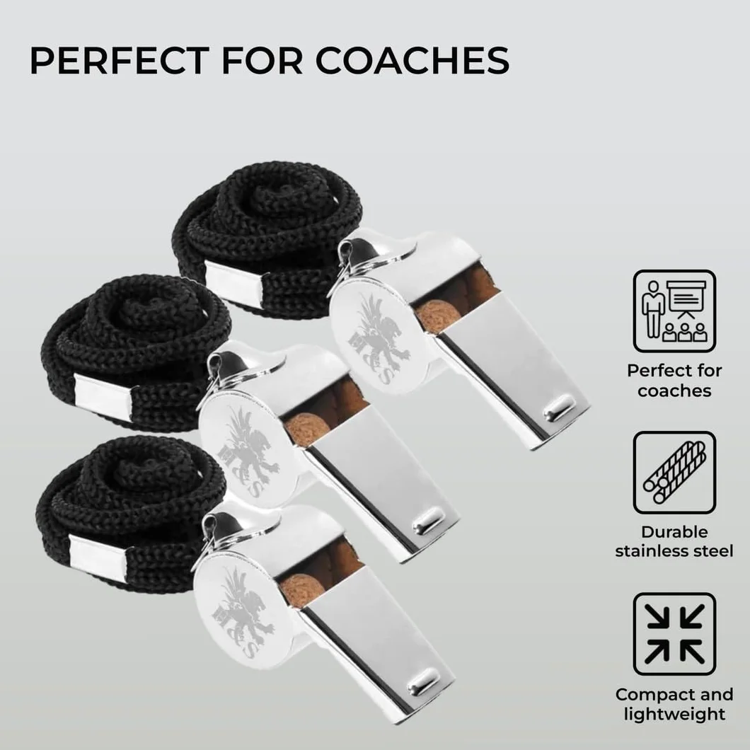 Silbatos de árbitro H&S de acero inoxidable con cordón para fútbol