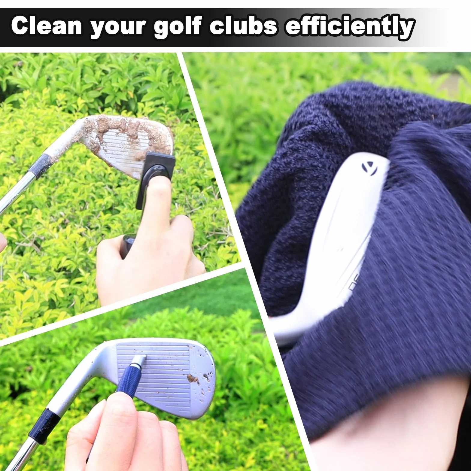 Kit de limpieza para palos de golf con afilador de ranura, toalla, cepillo de agua con botella spray y clip retráctil