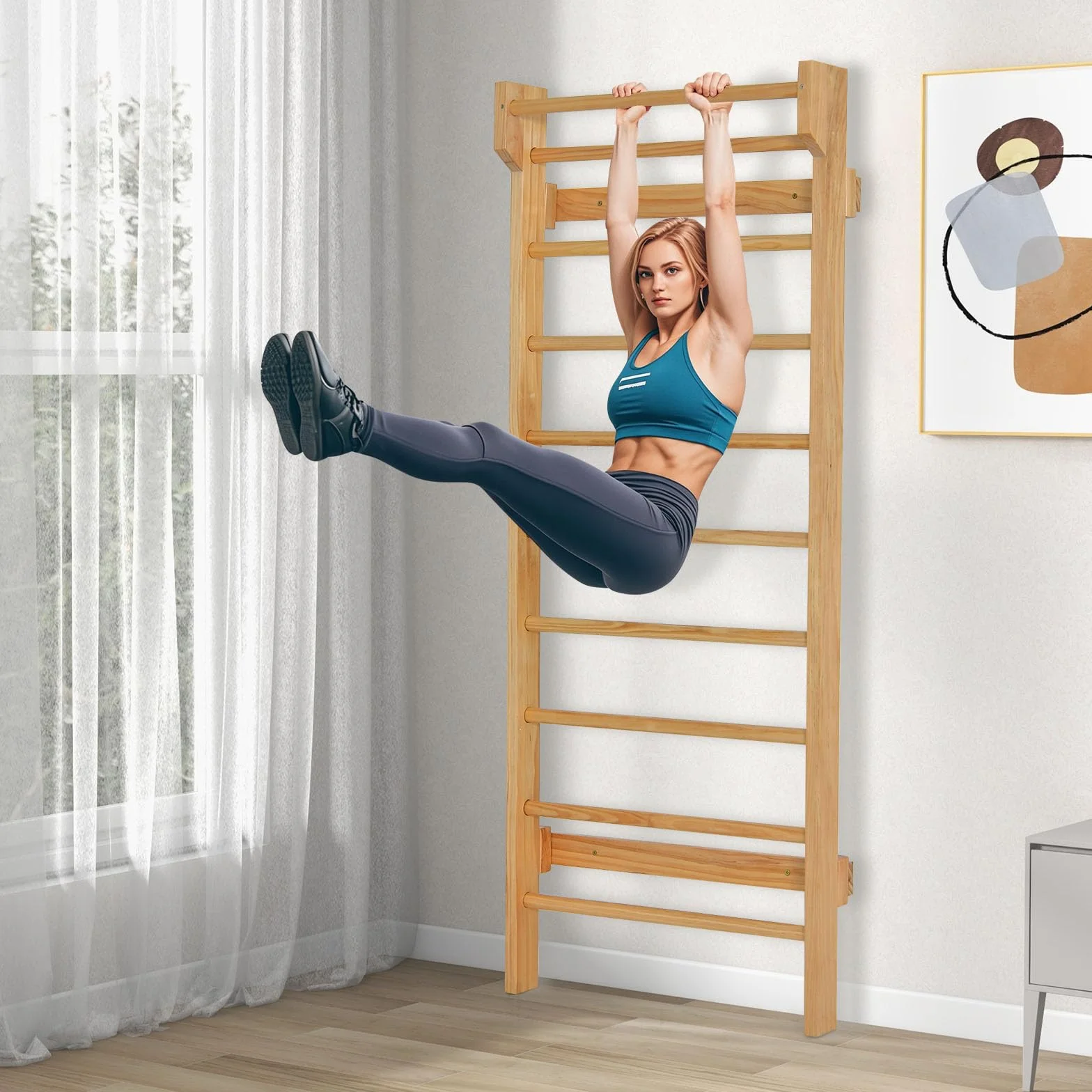 HOMASIS Barra de pared de madera sueca, Escalera de gimnasio interior, Pared de escalada 100 kg 81x14x195 cm Natural