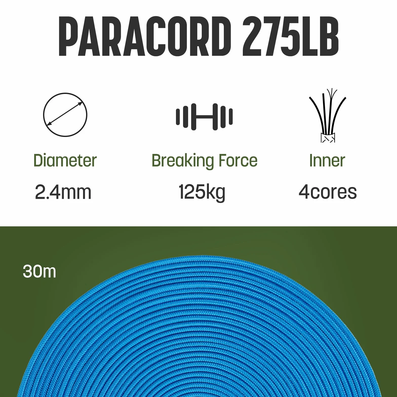Cuerda Paracord 2,4mm x 30m 4 Hebras 275lbs Nylon Poliéster Resistencia UV Azul