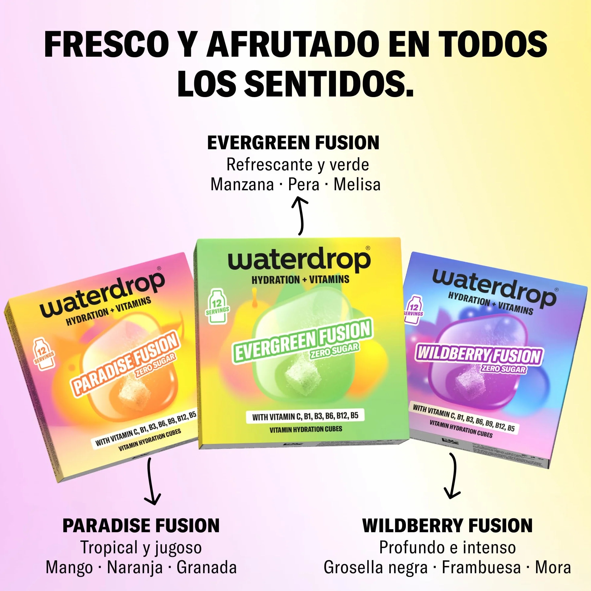 waterdrop® Microdrink FUSION COLLECTION - Set de 36 Pastillas Saborizantes para Agua - Mix de Frutas - Vitaminas C y B12 - Sin Azúcar y Bajo en Calorías - Alternativa Saludable a los Refrescos