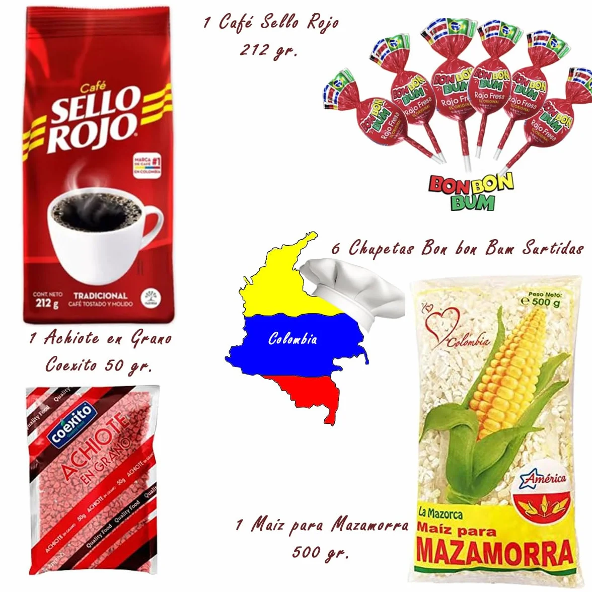 Set Degustación PREMIUM de Comida y Bebidas Colombianas | Productos y Alimentos de Colombia | Café Sello Rojo, 6 Chupetas BonBonBum sabores Surtidos, Maiz de Mazamorra y Achiote en grano de 50 gr.