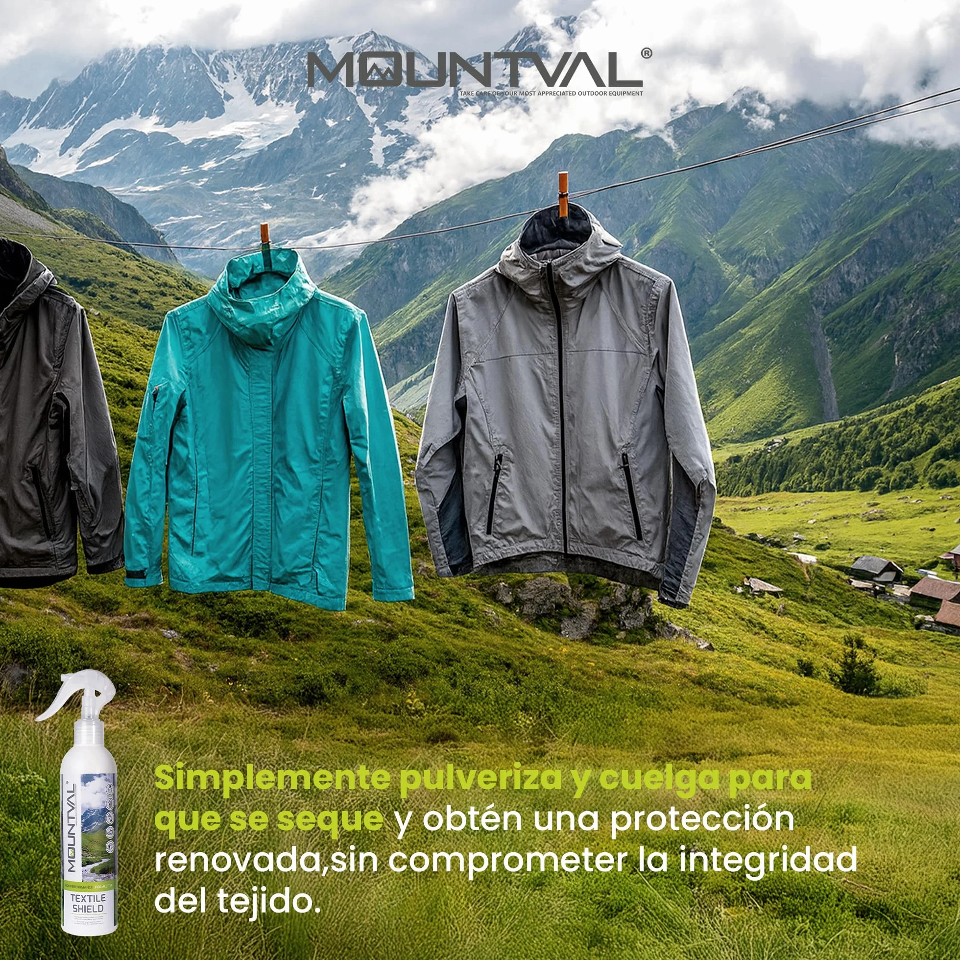 Mountval Textile Shield Aerosol Impermeabilizante para Clima Húmedo y Prendas Senderismo 300 ml