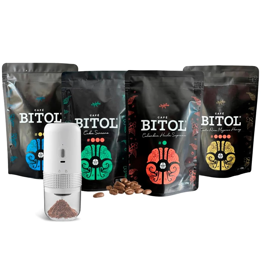 Pack Degustación BITOL | 4 Cafés de Especialidad 100% Arábica de Origen Único 4 x 125 gr + Molinillo Manual | Notas de Chocolate, Caramelo, Frutos Secos | Dulzura Natural | Equilibrado