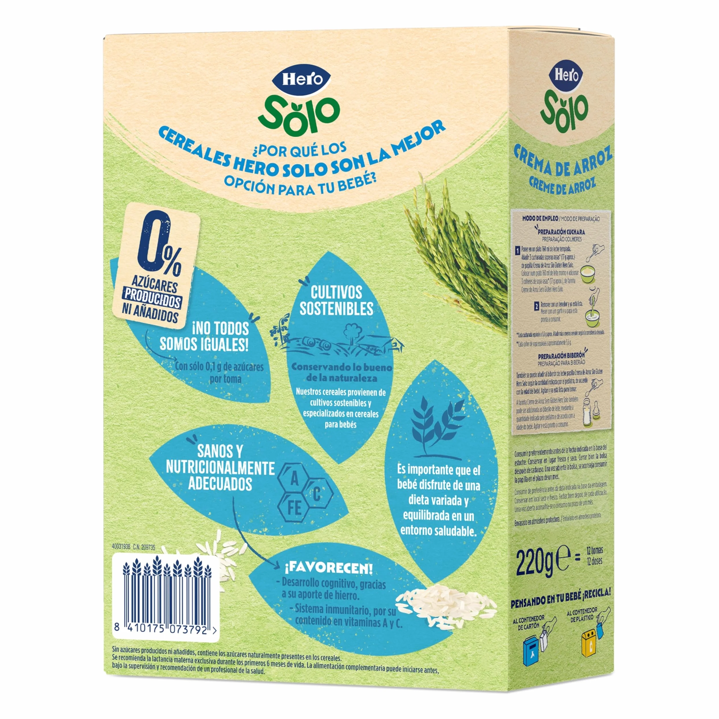 Hero Solo Papilla Crema de Arroz, Sin Gluten, Rica en Fibras y Vitaminas, Sabor Natural para Bebés, a partir de 4 meses, Pack x 6 units x 220 g