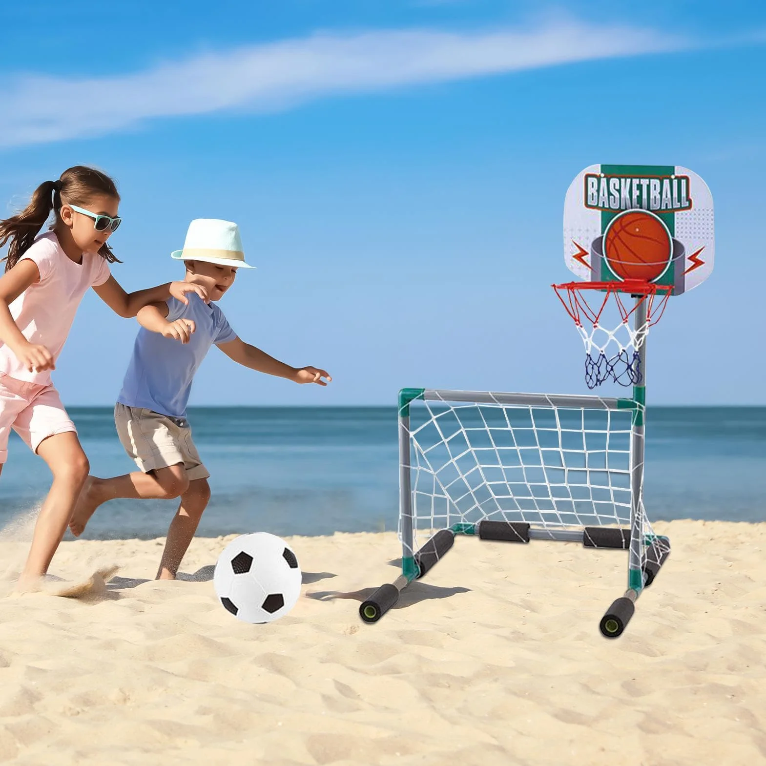 Portería de Fútbol Flotante para Piscina 45x55x70cm EVA+ABS Marco Red Aros Kit Bomba Pelota