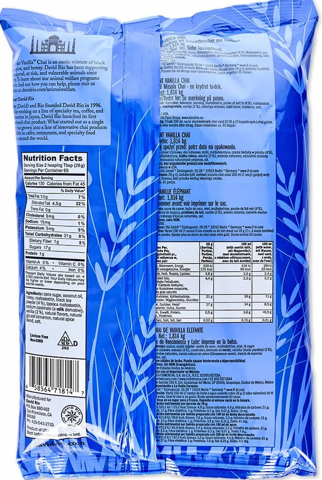 David Rio Elephant Vanilla Chai I - Latte de 398 g I Chai Latte con té negro, vainilla, miel y canela, té clásico cremoso con cafeína (elefante vainilla chai, lata de servicio de alimentos 1814 g)