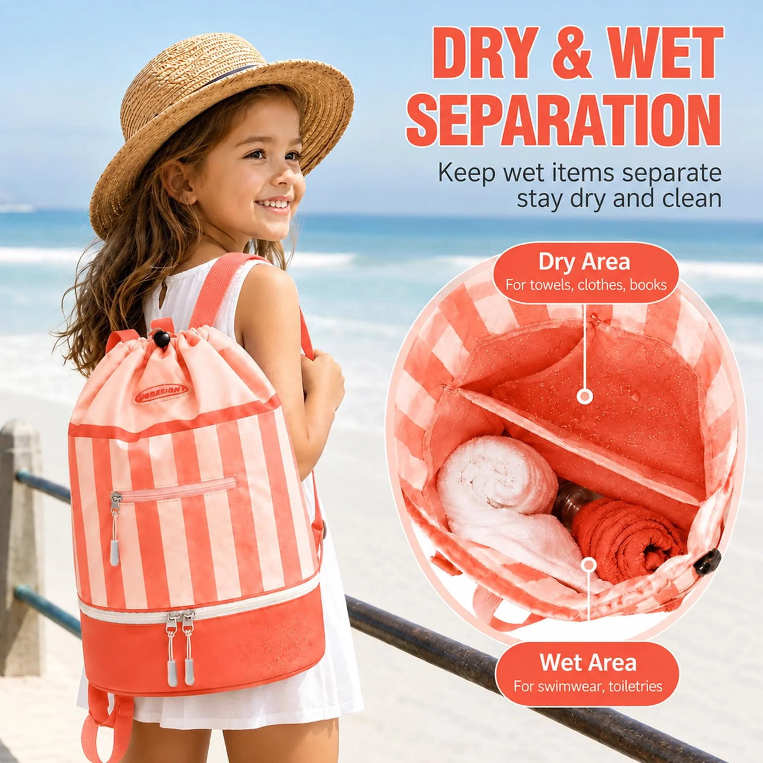 Mochila de Natación para Niños Impermeable con Compartimento para Zapatos, Bolsa de Natación para Pool, Strand y Reisen (Polvo de naranja)