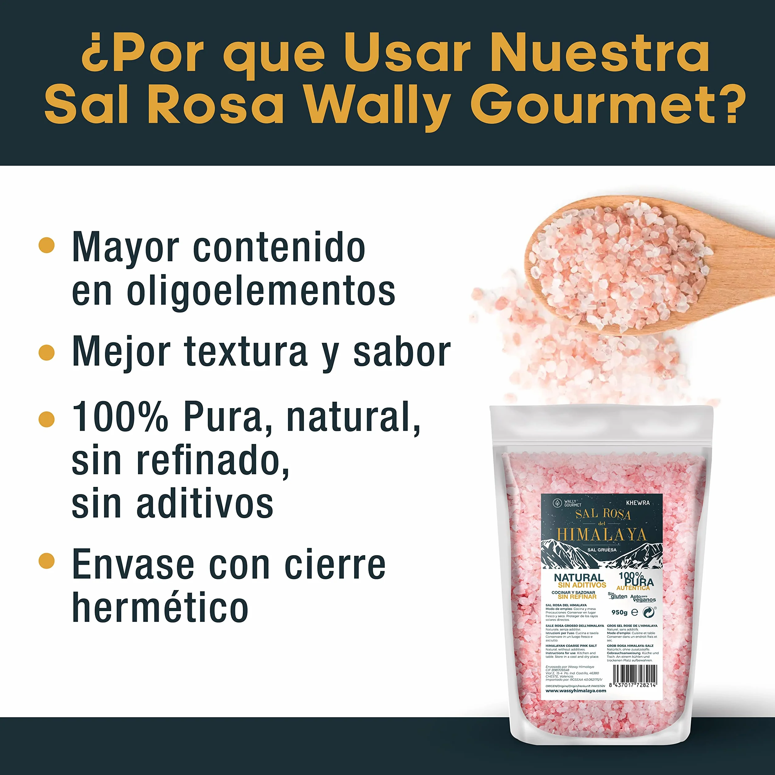 WALLY GOURMET Sal Rosa Del Himalaya Gruesa. 100% Natural, Sin Aditivos, Sin Refinado. Mayor Contenido En Oligoelementos. Para Sazonar Y Condimentar. Origen: Pakistán (950gr.)