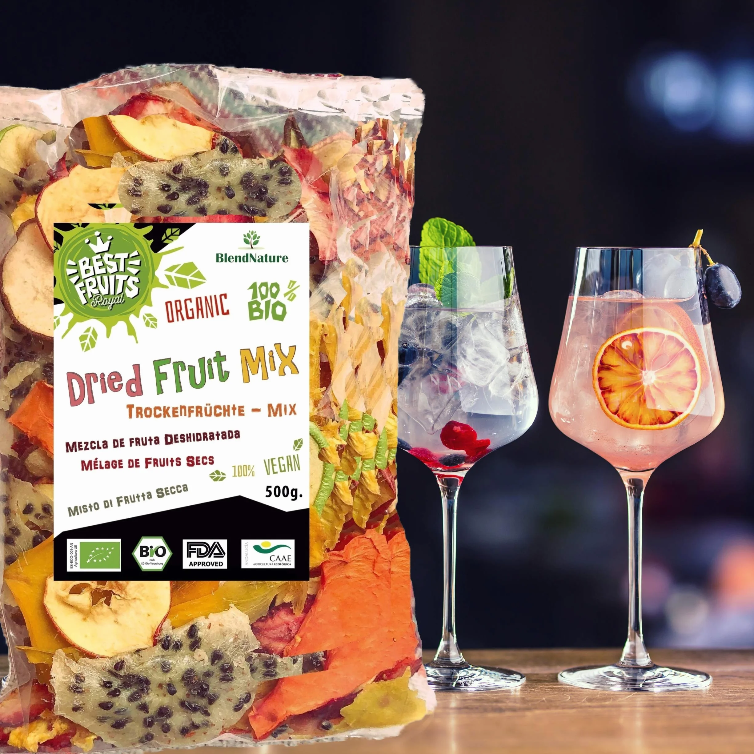 Fruta Deshidratada Sin Azucar Añadido - MIX 10 Mango Naranja Platano Manzana Pera Kaki Melocoton Piña Melon Arandanos 500g - 100% Natural – Ideal para Pasteles Cocteles o Snack – Sin Gluten