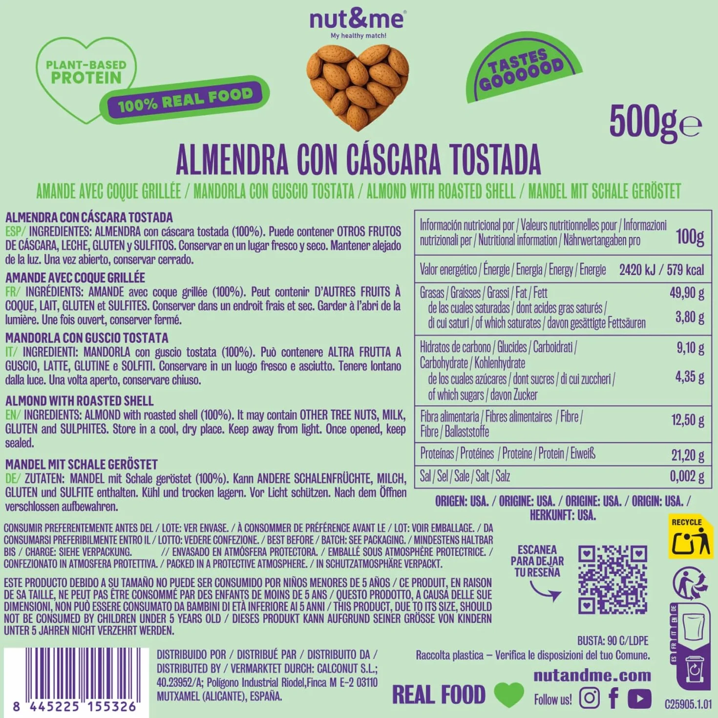 nut&me Almendras Tostadas con Cáscara 1 kg | Almendruco | 100% Naturales | Fuente de proteínas | Alto contenido en fibra | Sin gluten | Pack 2 x 500gr