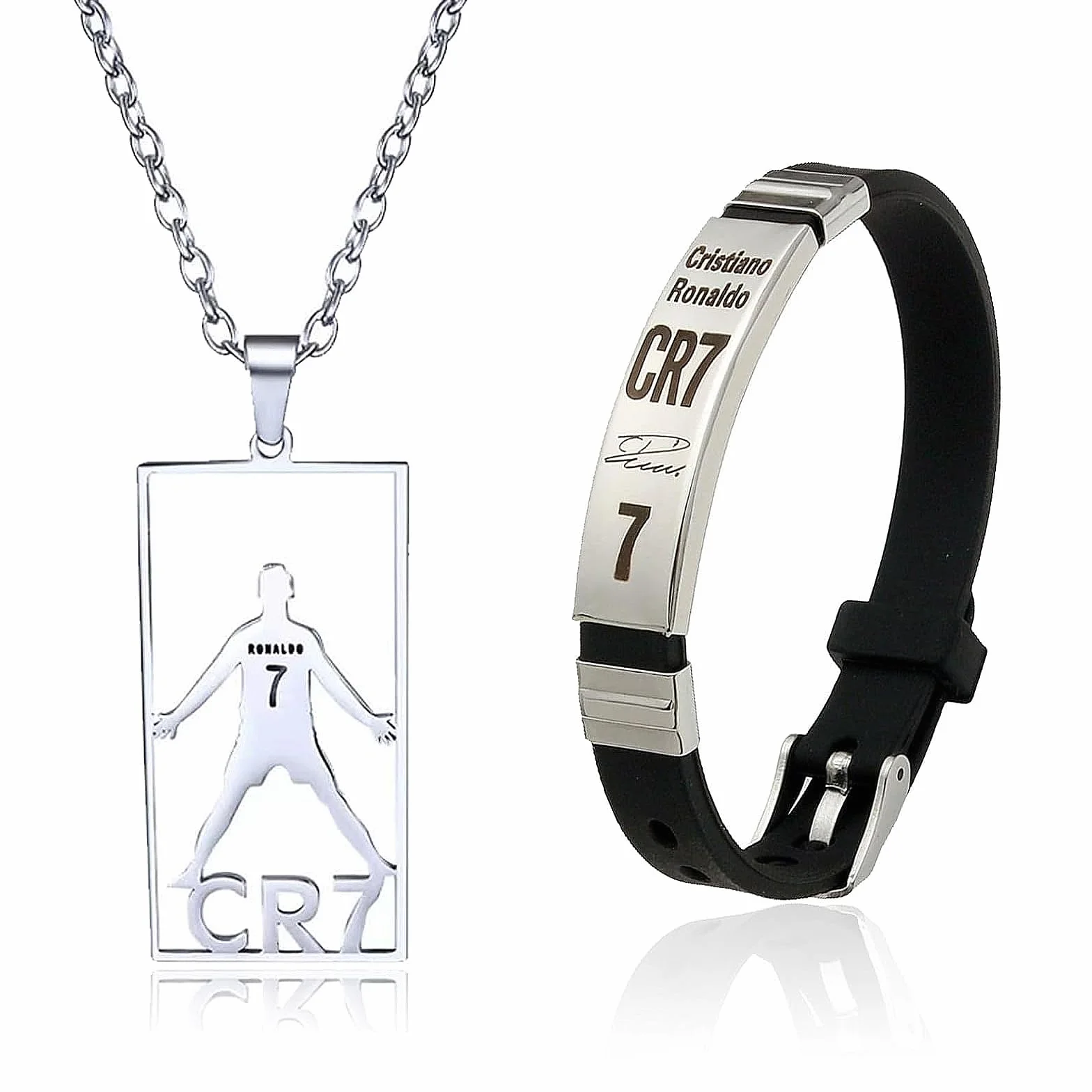 Pulsera de estrella de fútbol Cr7 para niños, regalo de fútbol (plata + collar)