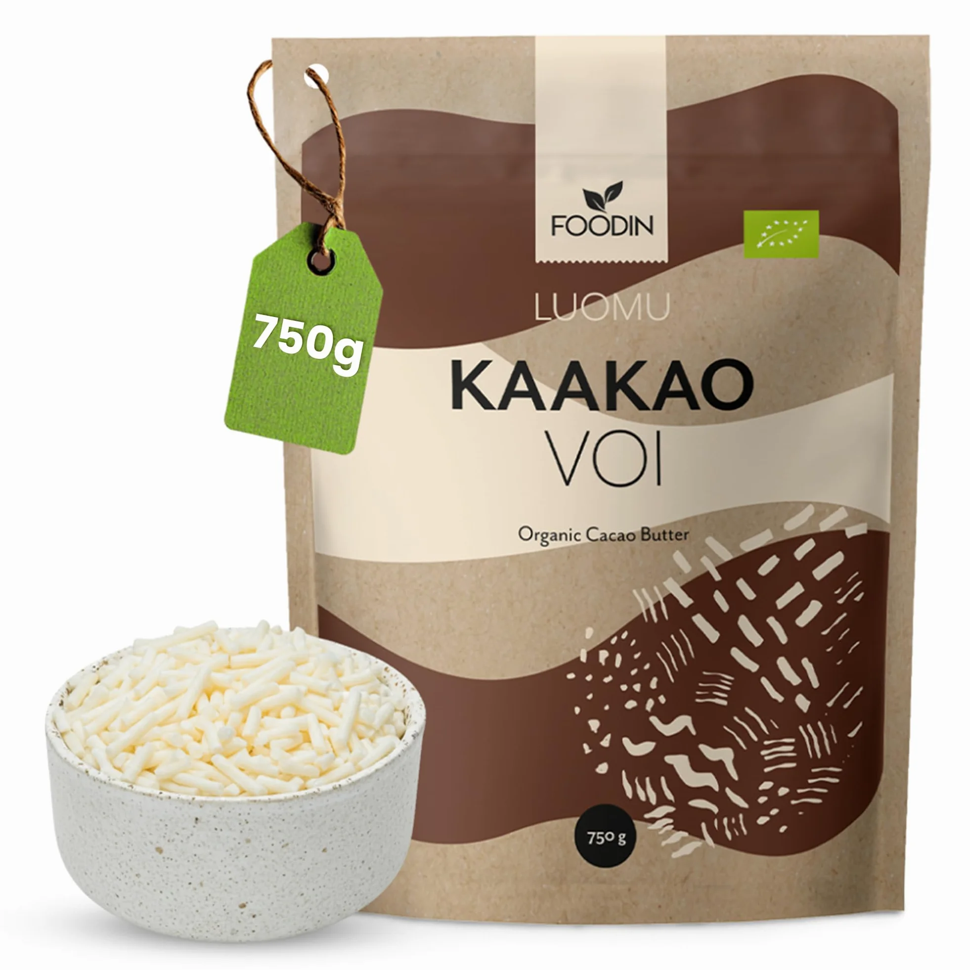 FOODIN Manteca de cacao ecológica — Kakaobutter pura para cuidado de la piel – Ideal para repostería, postres y cocina – Aroma suave y nutritivo – 750 g