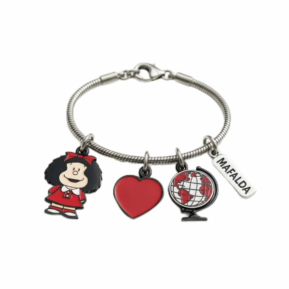 Pulsera de Acero Inoxidable con Charms Mafalda Sonríe - Licencia Oficial Quino, Rojo