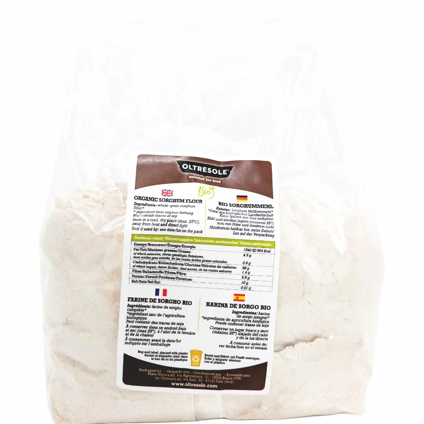 Oltresole, Harina de Sorgo Italiana Ecológica 1 Kg, Sin Gluten, Sin OGM, 100% Made in Italy, Ideal para Celíacos, Pan, Dulces y Pasta, Rica en Fibra y Proteínas