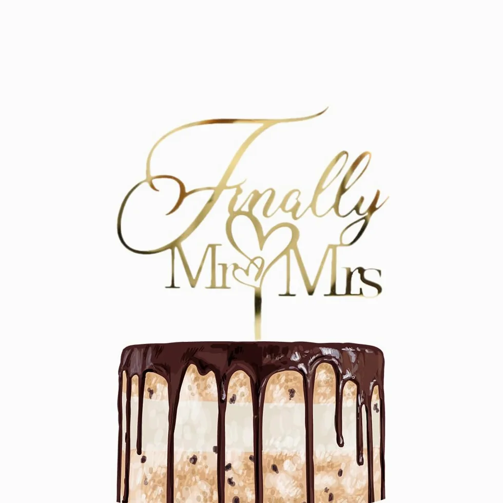 Finally Mr&Mrs - Decoración para tartas de boda, elegante decoración para tartas de aniversario de boda, romántica fiesta de boda (acrílico dorado)