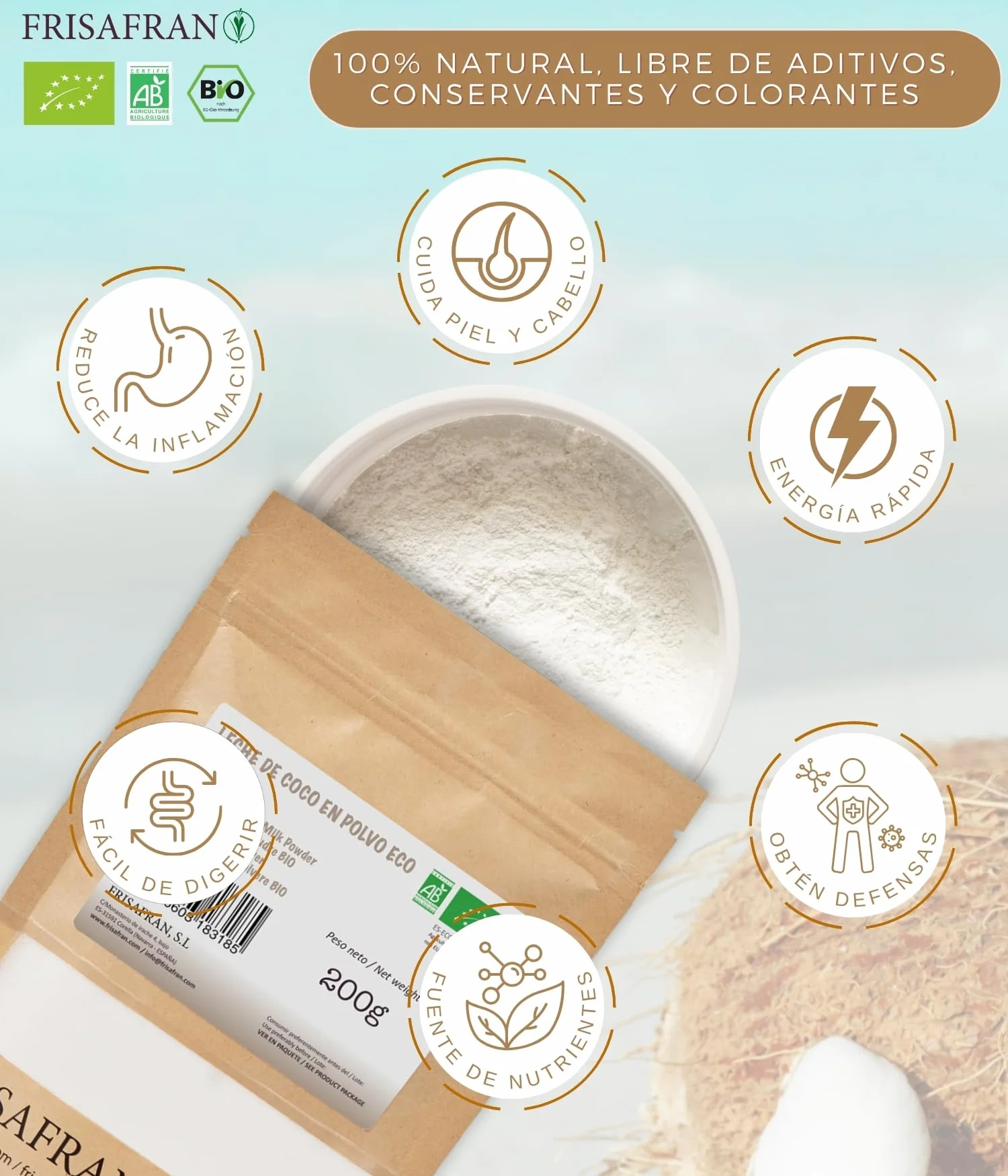Leche de coco orgánica en polvo 100g Bio sin azúcar sin gluten vegana