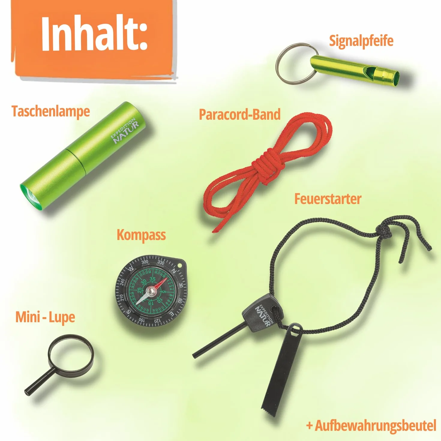 Moses Expedition Natur Survival Kit para niños con linterna brújula iniciador fuego silbato paracord juguete aventura compacto bolsa mosquetón