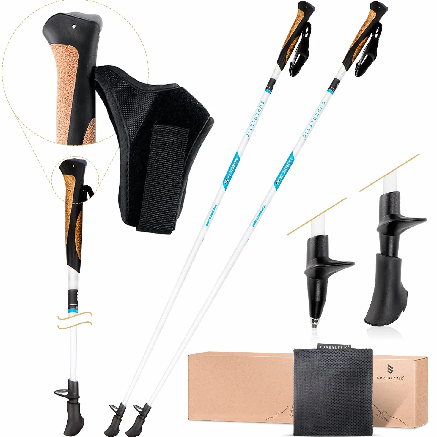 Bastones Senderismo Marcha Nórdica Ajustables Fibra Carbono Mango Corcho Plegables