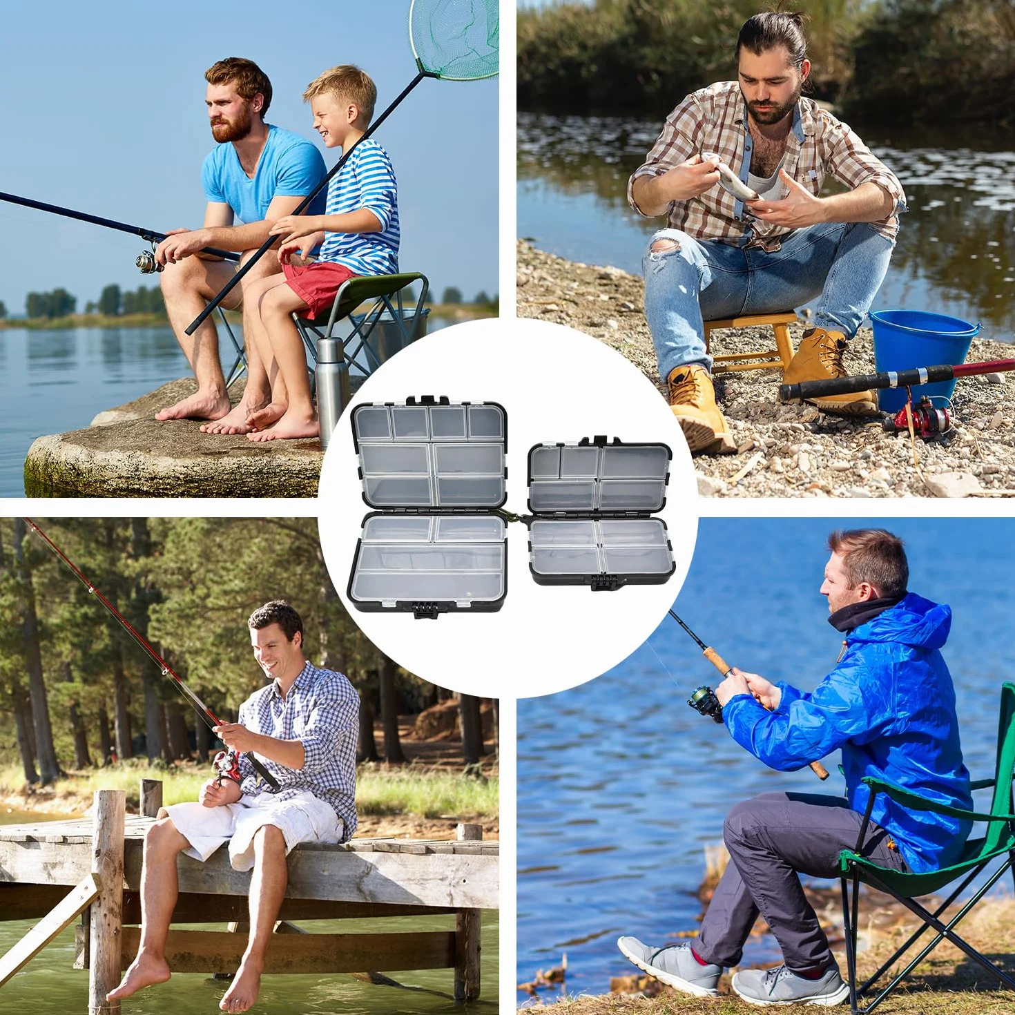 Caja de almacenamiento impermeable para accesorios de pesca, doble almacenamiento, flexible, Negro