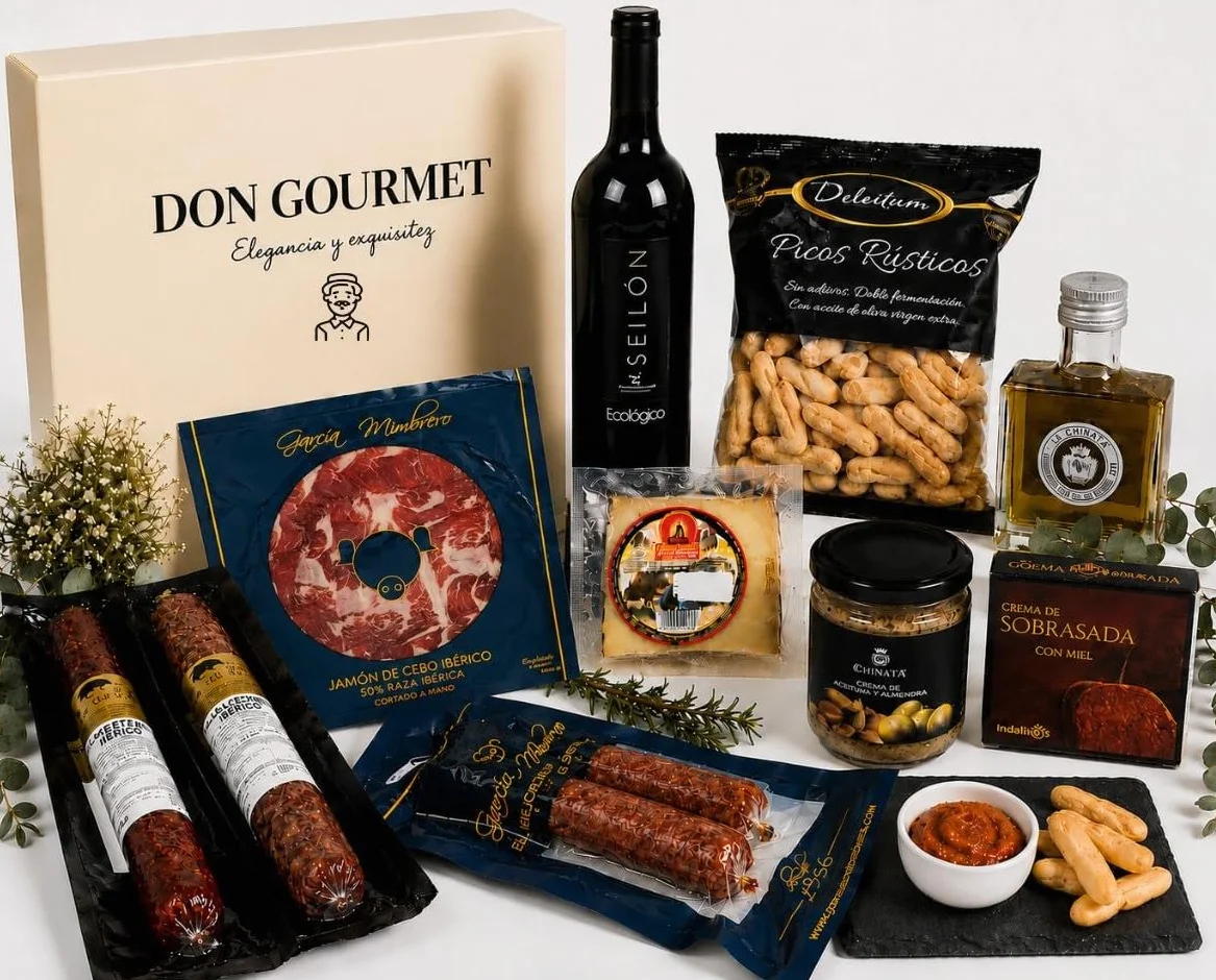 DON GOURMET, Cesta Gourmet para Regalar, Personalizable, Queso curado, jamón ibérico, chorizo ibérico, lote embutidos ibéricos, aceite de oliva, pack ibéricos, Regalo Profesor. (CESTA 6)