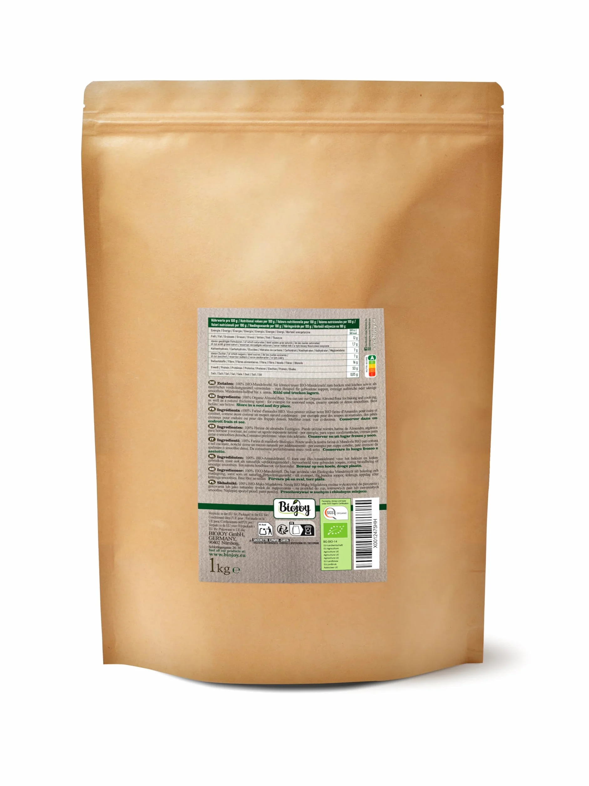 Biojoy Harina de Almendra Desgrasada Ecológica (1 kg), molida suavemente y sin aditivos