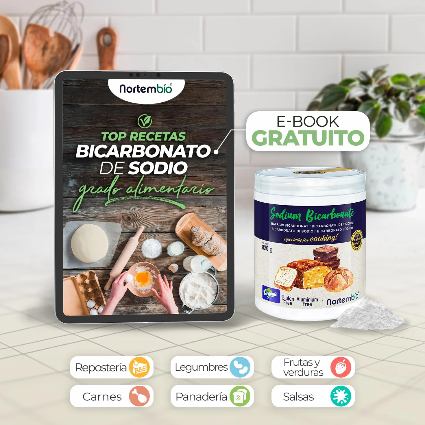 Nortembio Bicarbonato de Sodio E500(ii) 3 kg – Aditivo de Cocina y Repostería, Calidad Gourmet, Alta Pureza 100% Natural + eBook de Recetas
