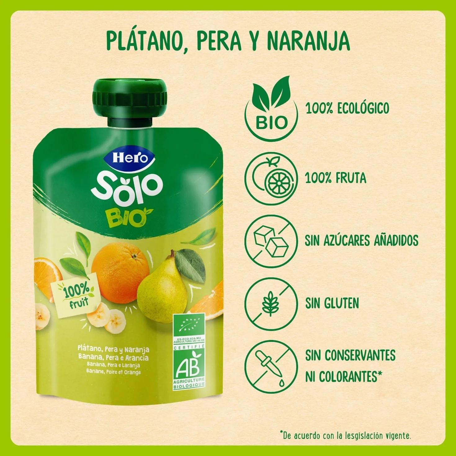 Hero Solo Caja Mixta de Bolsitas, 9 Bolsitas de Manzana, Plátano y Zanahoria y 9 Bolsitas de Plátano, Pera y Naranja, Sin Conservantes ni Colorantes, Partir de los 6 Meses, Pack de 18x100 gr