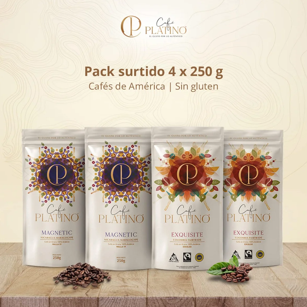 Café Platino - Pack Surtido Cafés de América 4 x 250g - Café en Grano Natural de Colombia Fairtrade y Nicaragua Maragogype - 100% Arábica