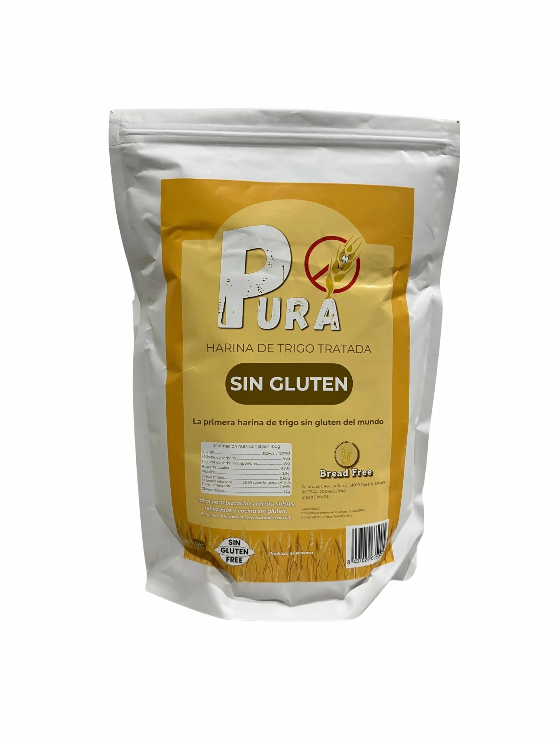 PURA Harina de Trigo Tratada Sin Gluten 1kg – Apta para Celíacos, Sin Alérgenos, Vegana, No OGM, Harina Versátil para Repostería y Cocina Sin Gluten, Envase Doypack ZIP 1 Kg (Paquete de 1)