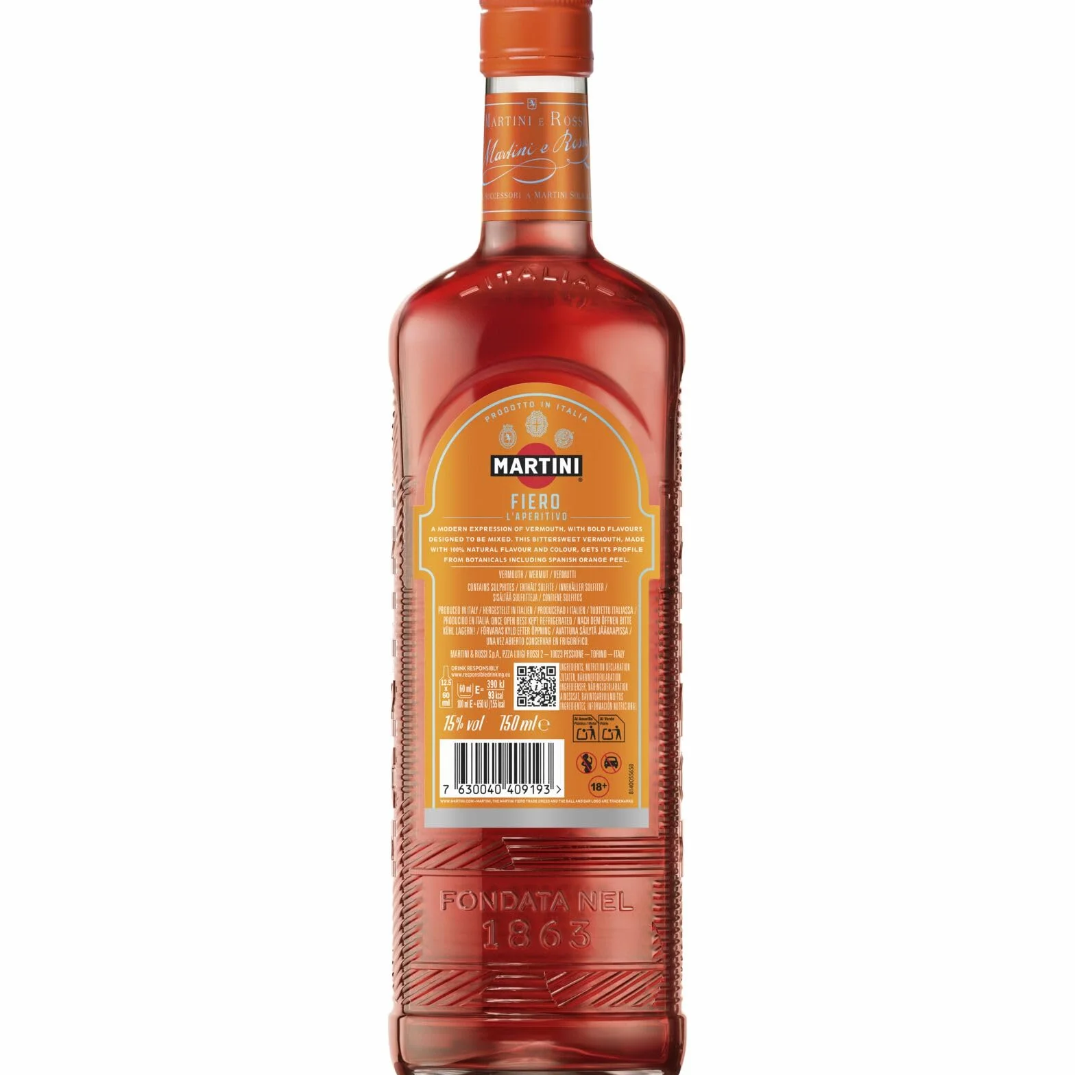 MARTINI Fiero Vermouth Aperitivo, 15% ABV, 75cl / 750ml, Aperitivo Dulce con Infusión de Cáscaras de Naranja Cortadas a Mano