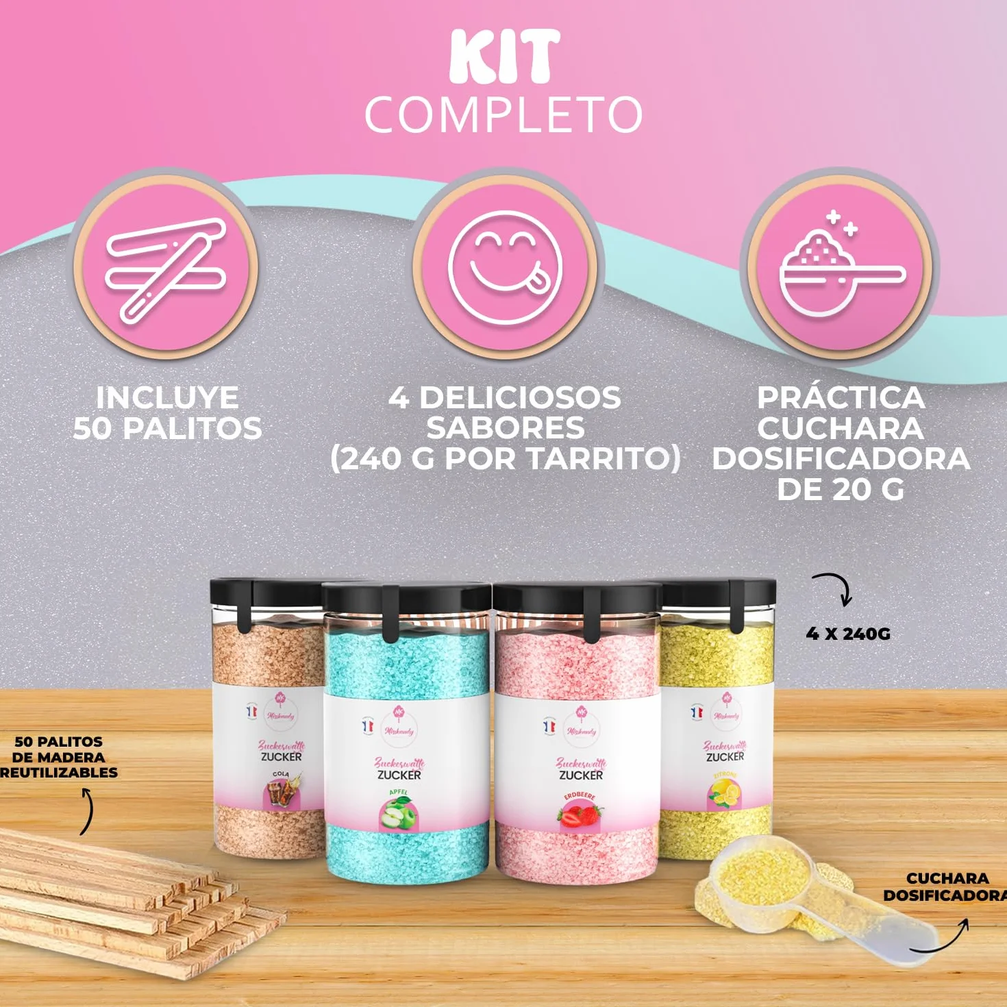 Misskandy® algodón de azúcar para máquina- Pack de 4 * 240Gr - (Sabores Naturales): Sabores: Fresa/Manzana/Cola/Limón + 50 palitos (gratis)