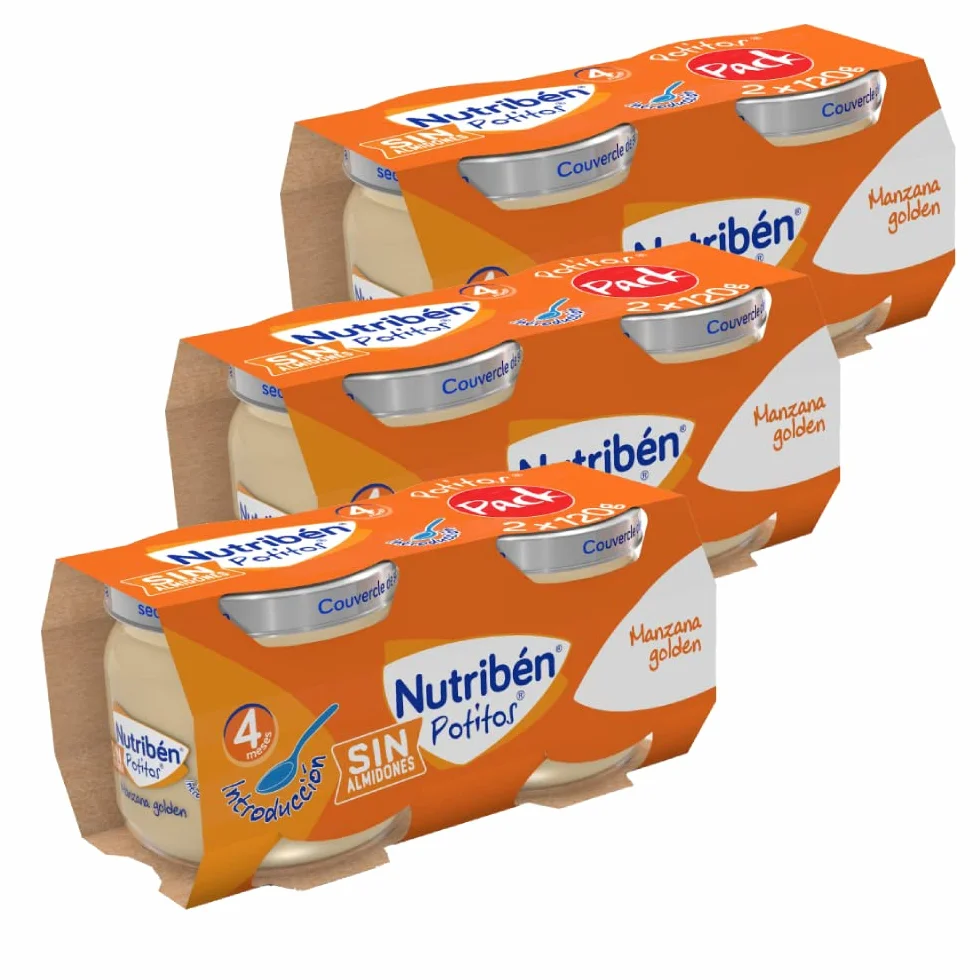 Nutribén Potitos | Tarrito de Introducción de Manzana Golden | Para Bebés a partir de 4 Meses | Sin Azúcares Añadidos | Sin Gluten, Sin huevo, Sin Leche | 3 Pack de 2 Unidades de 120g por Tarrito
