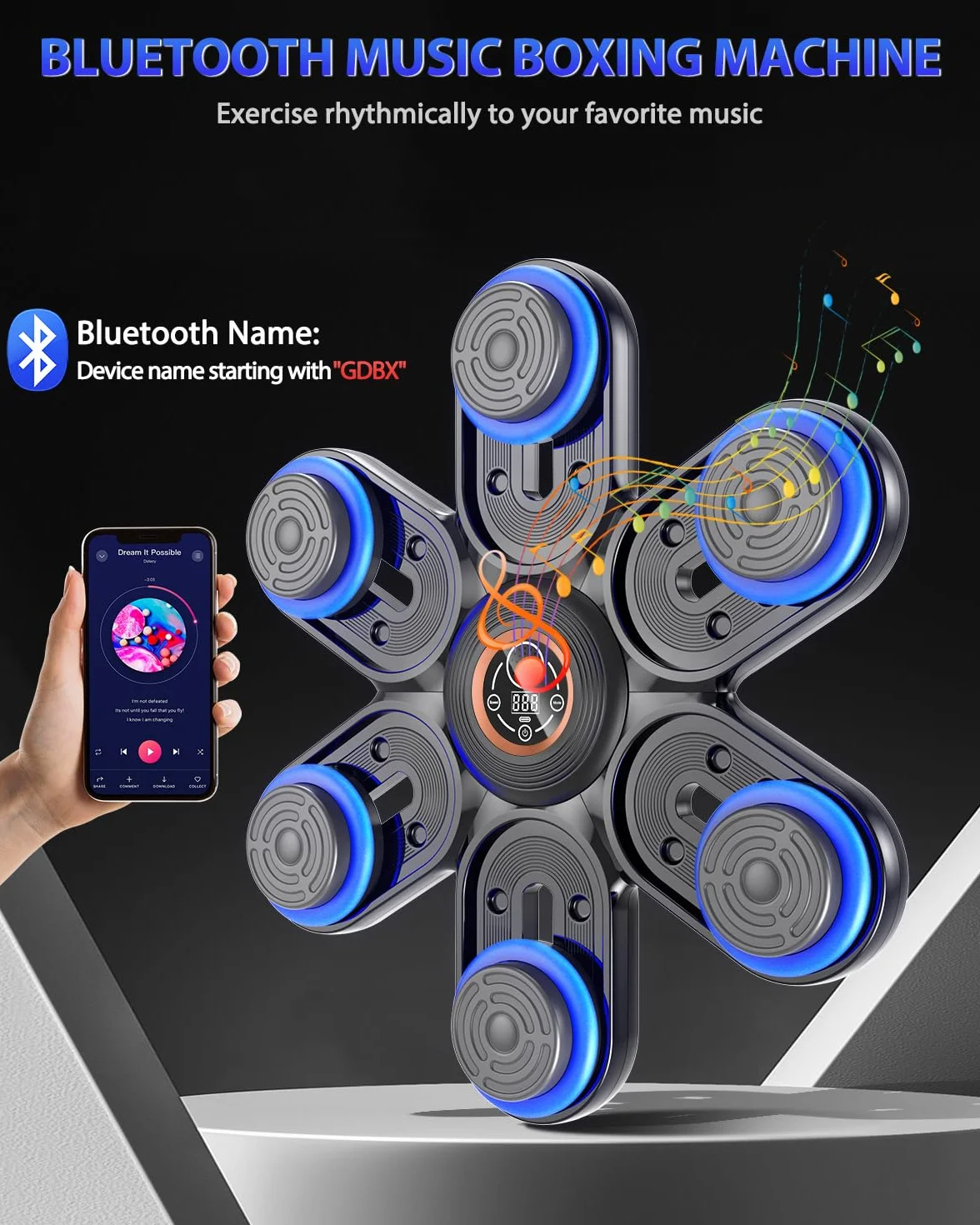 Holilo Máquina de Boxeo Musical, Maquina Boxeo Musical Pared con LED y Bluetooth, 9 Modos de Velocidad y Entrenamiento, Contador de Golpes, Guantes para Adultos y Niños