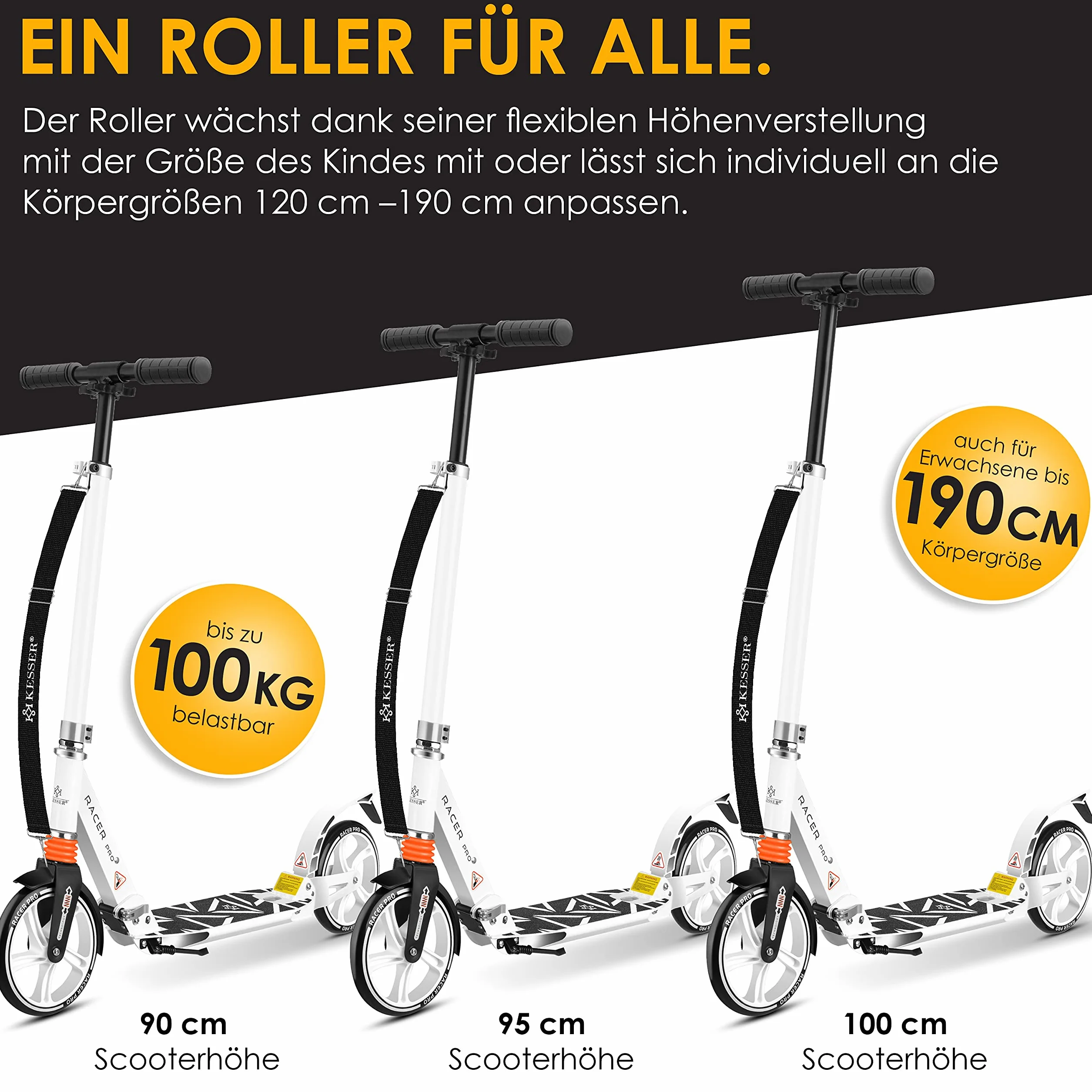 KESSER City Scooter 205 mm Ruedas PU Big Wheel Pro-S Kick Scooter Doble Suspensión Plegable Regulable en Altura