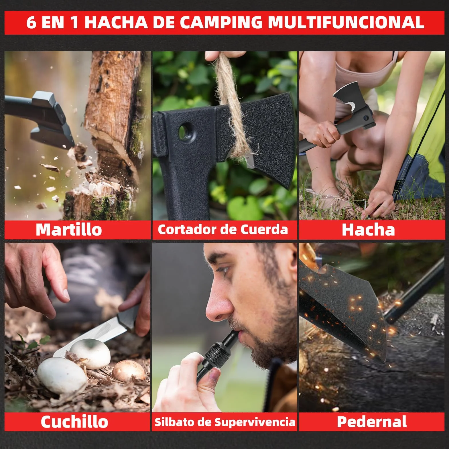 ZKH Hacha Camping 6 en 1 Herramienta Multifunción Supervivencia Ligera