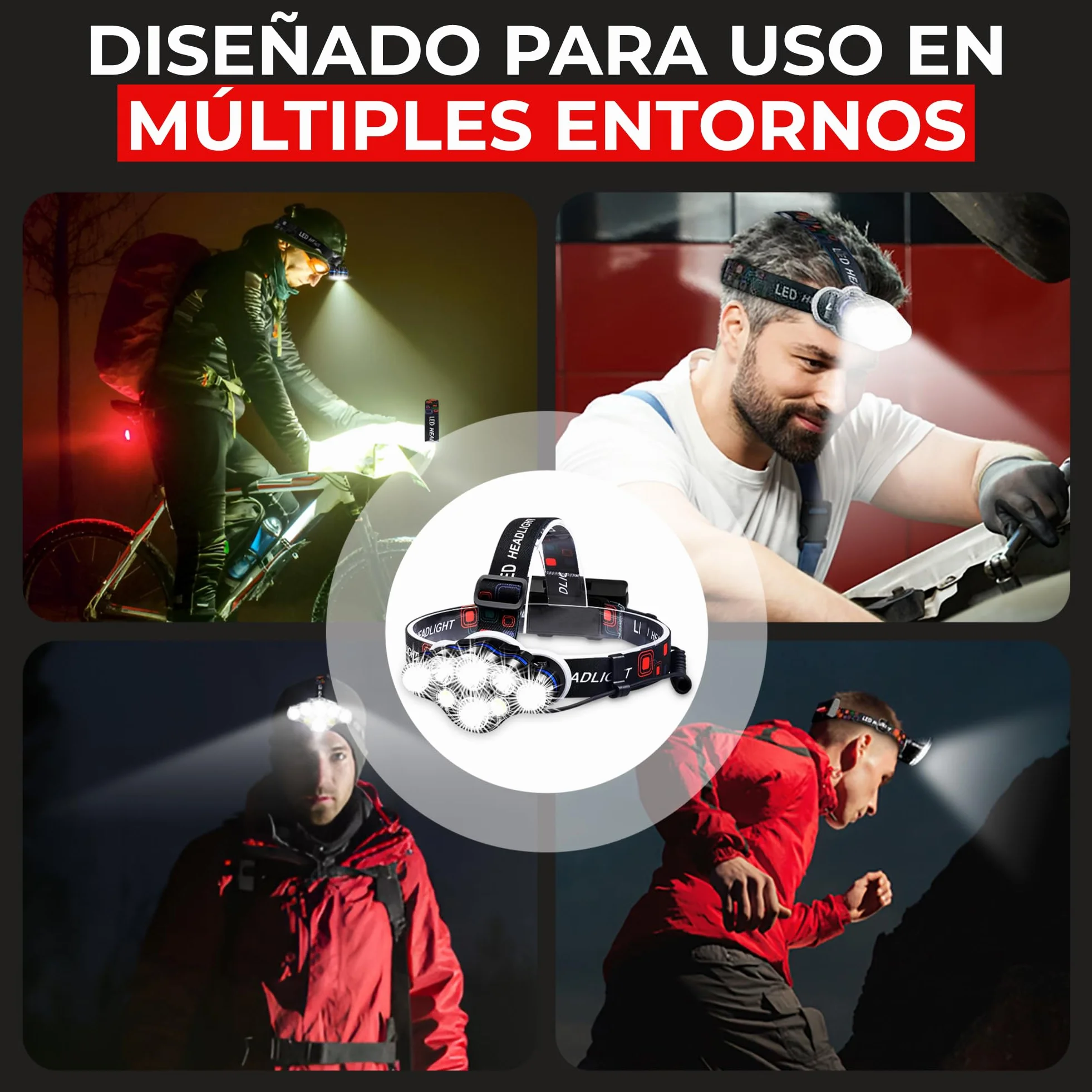 Linterna Frontal LED Recargable 18000 Lúmens IP44 Impermeable 8 Modos Luz Roja Trasera Ángulo Ajustable 90°