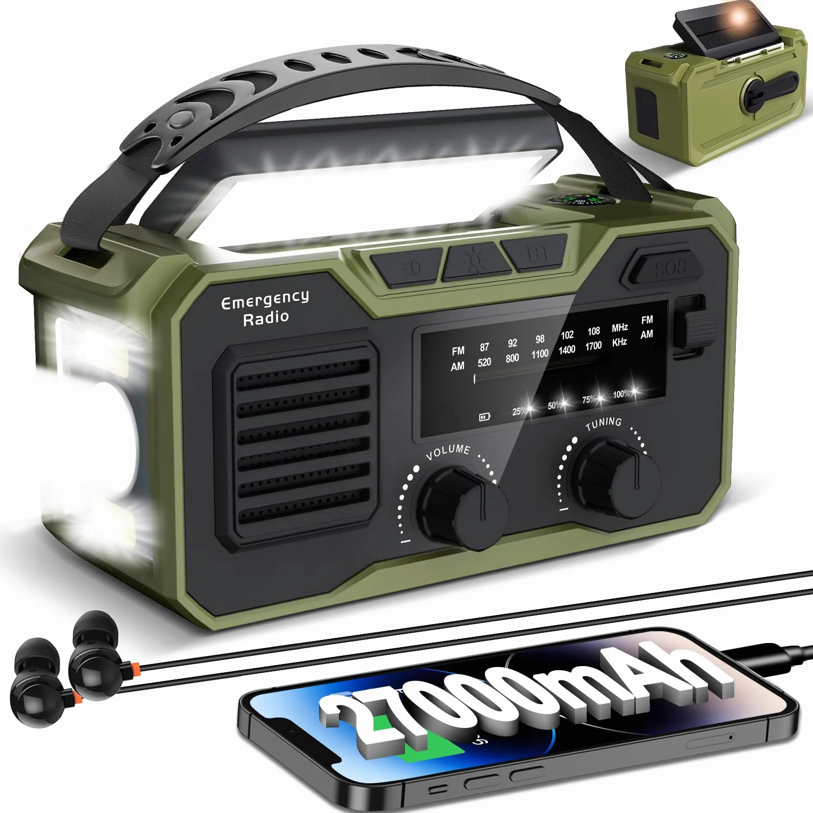 Radio Solar de Emergencia 27000 mAh FM/AM con Alarma SOS y Lámpara, Carga Móvil y Bluetooth (Verde)