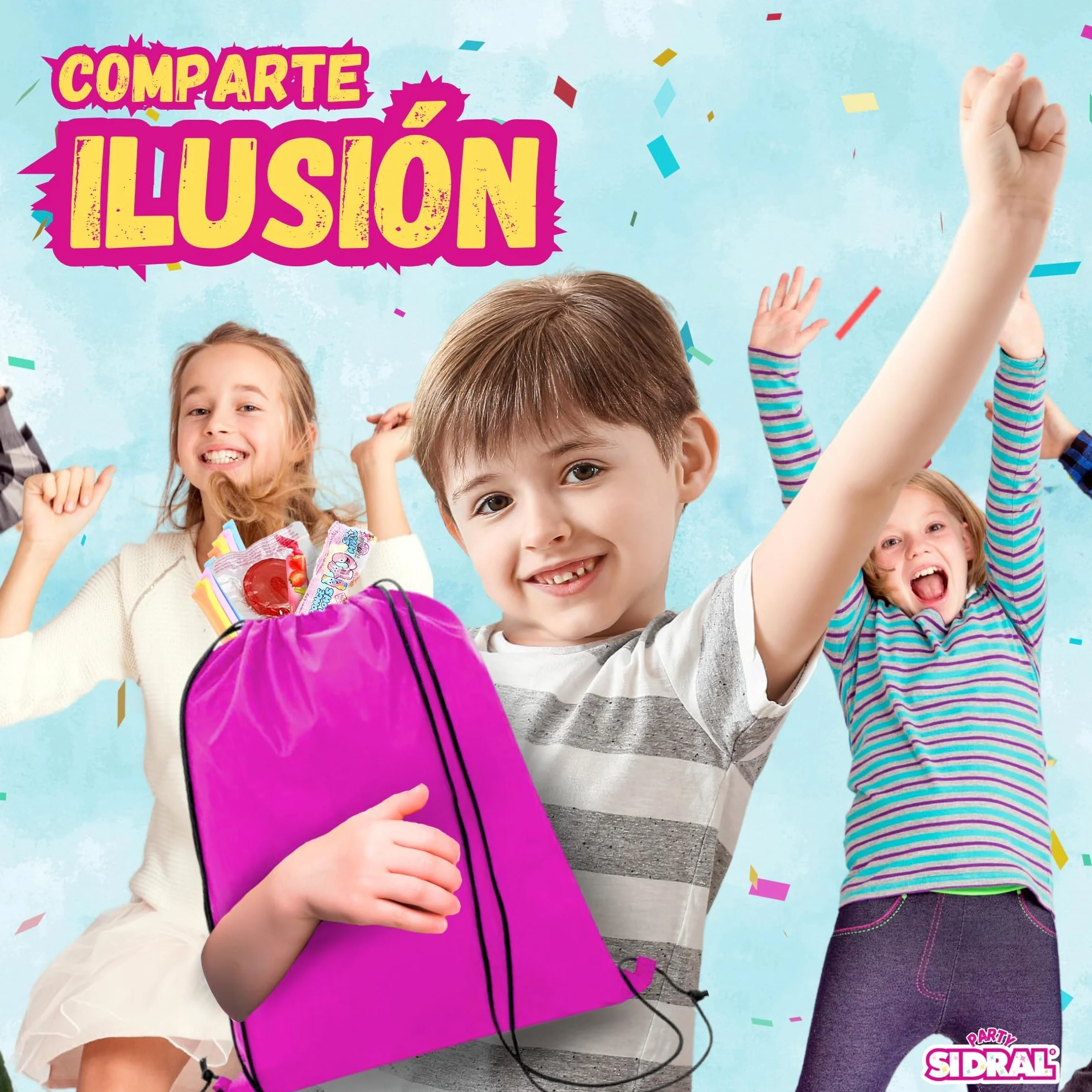 SIDRAL .275 chuches variadas+piñata+mochila para llevar chuches :Cañas y sobres Sidral, chocolate, gominolas, caramelos blandos rellenos gel de frutas - Perfectas para Regalar.
