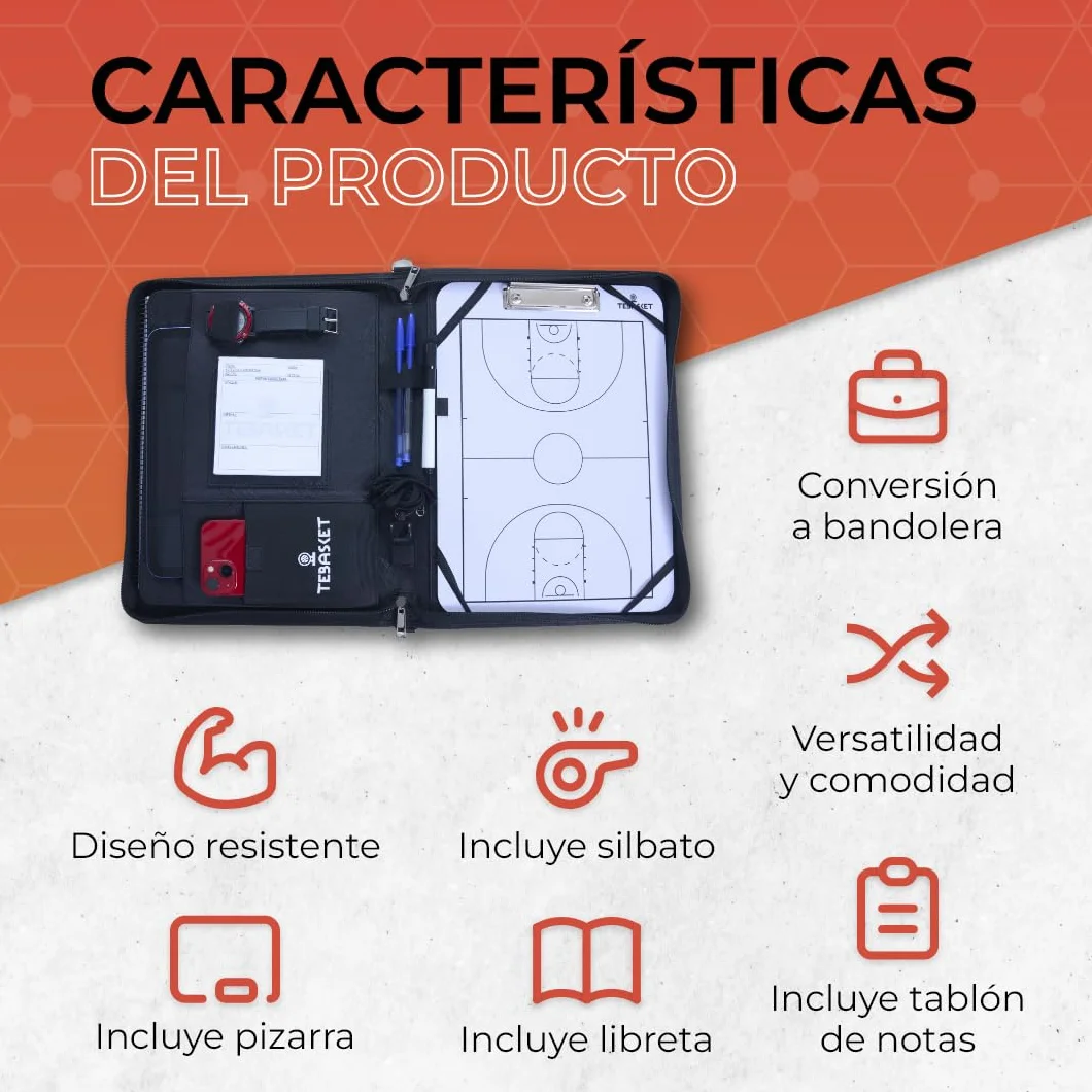 Carpeta de Entrenador de Baloncesto con Correa Bandolera, Pizarra, Rotulador, Silbato, Talón, Libreta y Reloj