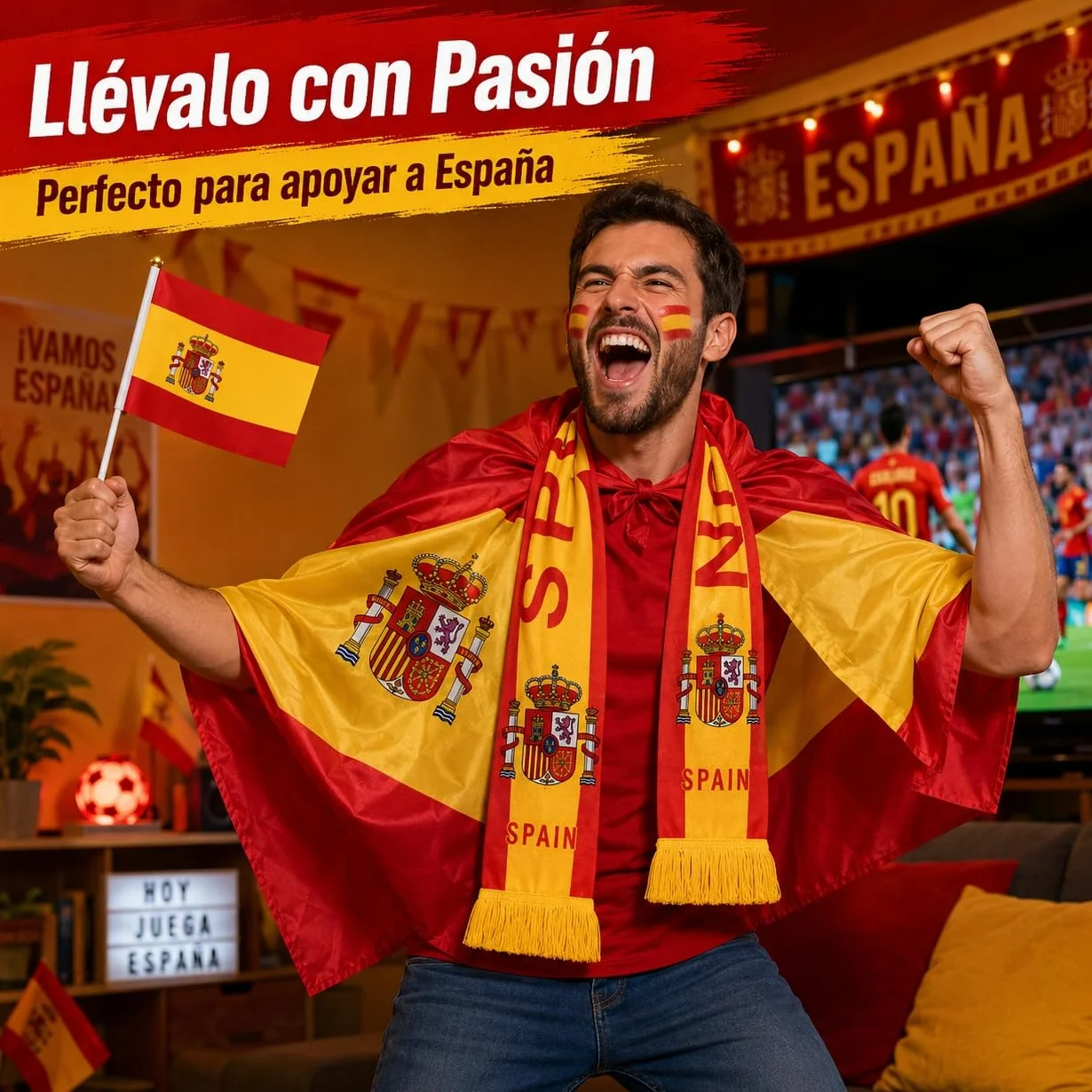 Kit Animación Mundial 2026 Capa Bandera España Bufanda Pegatinas Banderines Mano Celebración Partidos Estadio