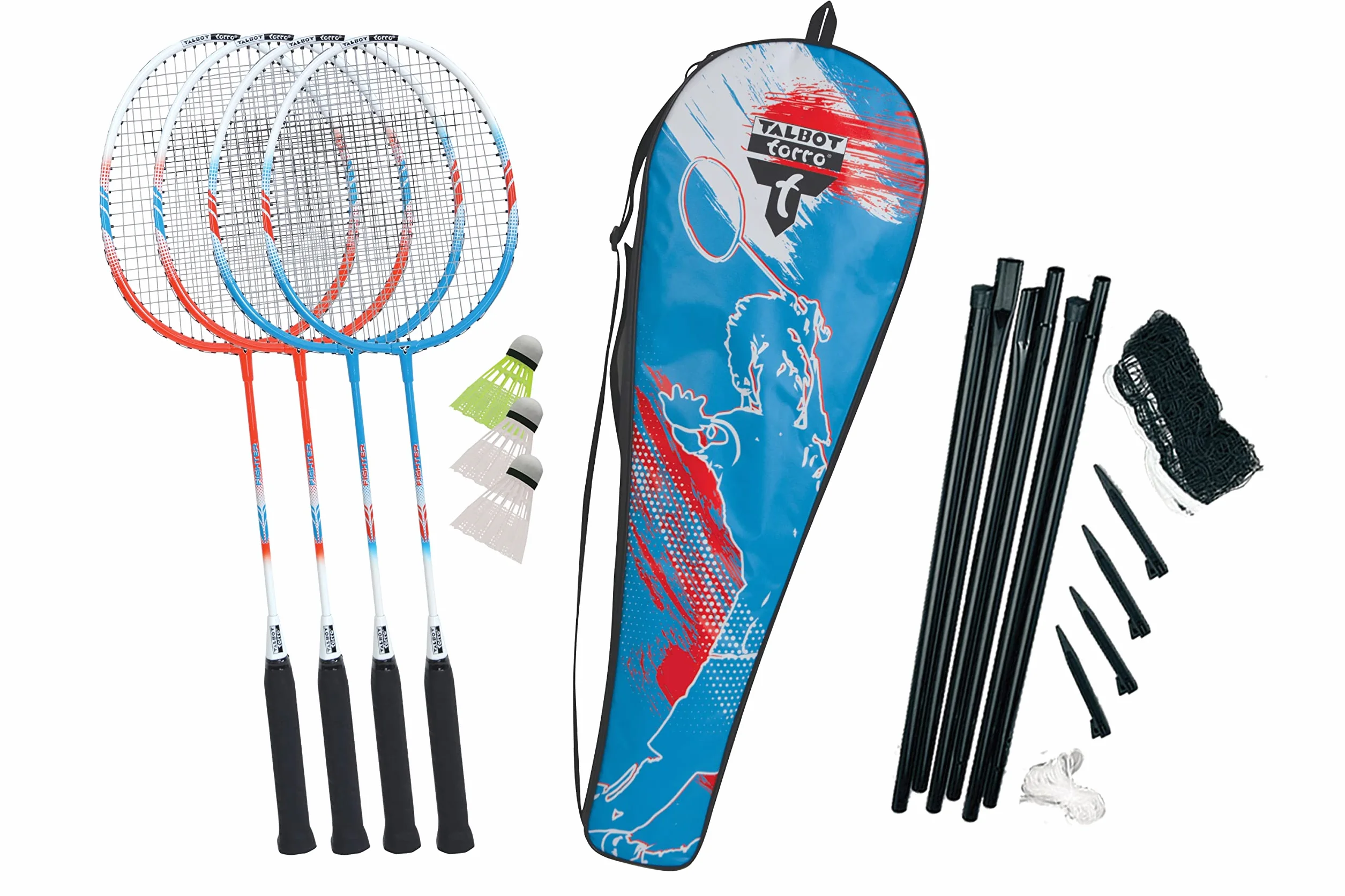 Talbot Torro Badminton-Set 4-Fighter Komplettset mit 4 ALU-Schläger 3 Federbälle Netzgarnitur Tasche