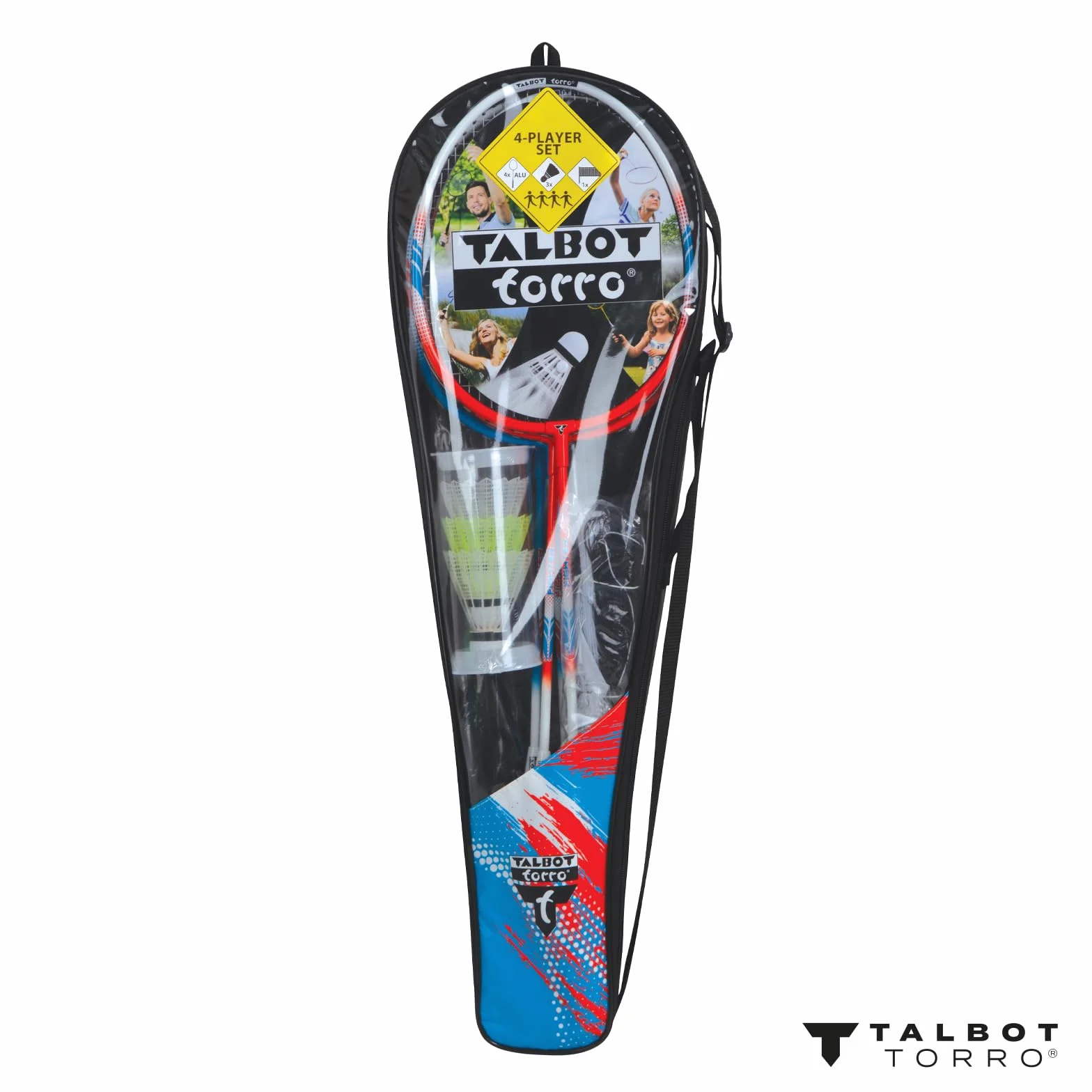 Talbot Torro Badminton-Set 4-Fighter Komplettset mit 4 ALU-Schläger 3 Federbälle Netzgarnitur Tasche